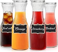 INSETLAN Ribbed Glass Carafe Set of 4 with Lids & Chalkboards - 1L Juice Pitchers for Mimosa Bar, Brunch, Iced Tea, Cold Brew