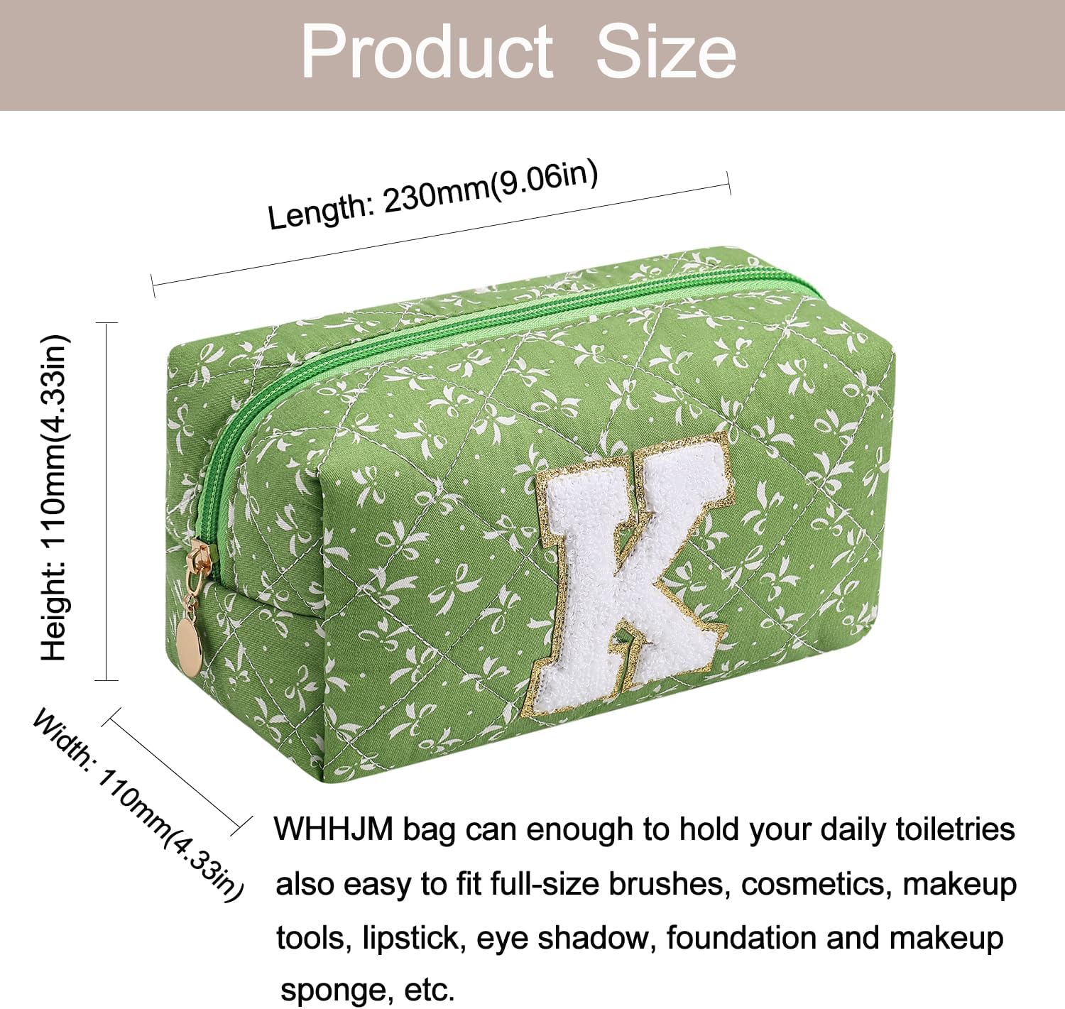 Alphabet Makeup Bag Cosmetic Bag for Women, Gifts for Girls Age 11-18, Personalized Floral Coquette Travel Bag, Trendy Stuff Zipper Make Up Pouch Organizer Bag (Green&Bowknot LK) image 4