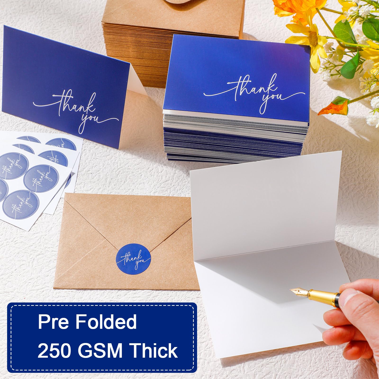 Gueevin Lot de 200 cartes de remerciement vierges avec enveloppes en kraft et autocollants - 8,9 x 12,7 cm - Cartes de remerciement élégantes - Pour mariage, affaires, remise de diplôme, bébé, fête