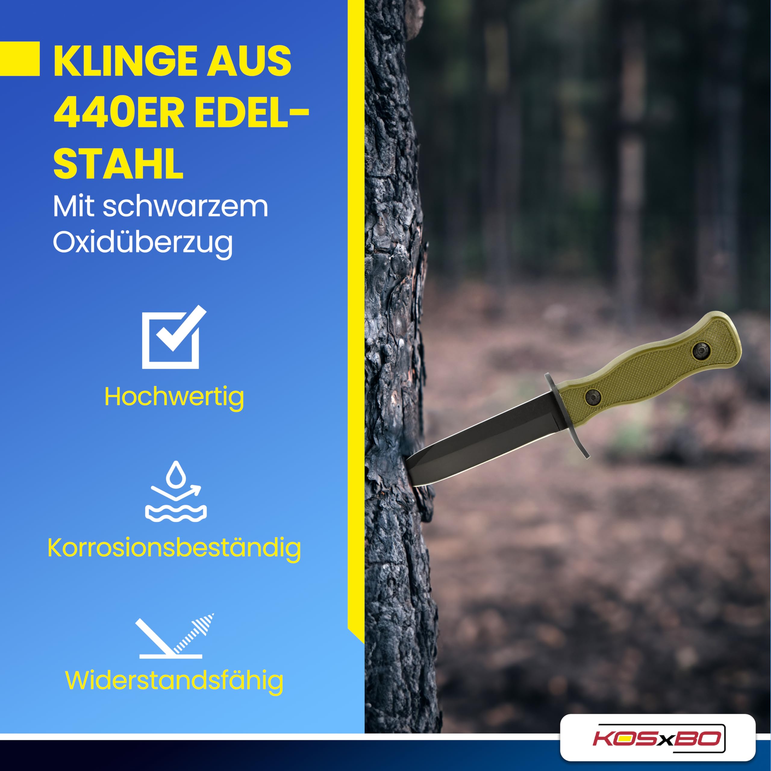 KOSxBO® BW Messer 26,5 cm - Multipurpose Militär Kampfmesser mit Schleifstein - taktisches Kampfmesser - Jagdmesser - Outdoor - Freizeitmesser grün schwarz - USA Knife