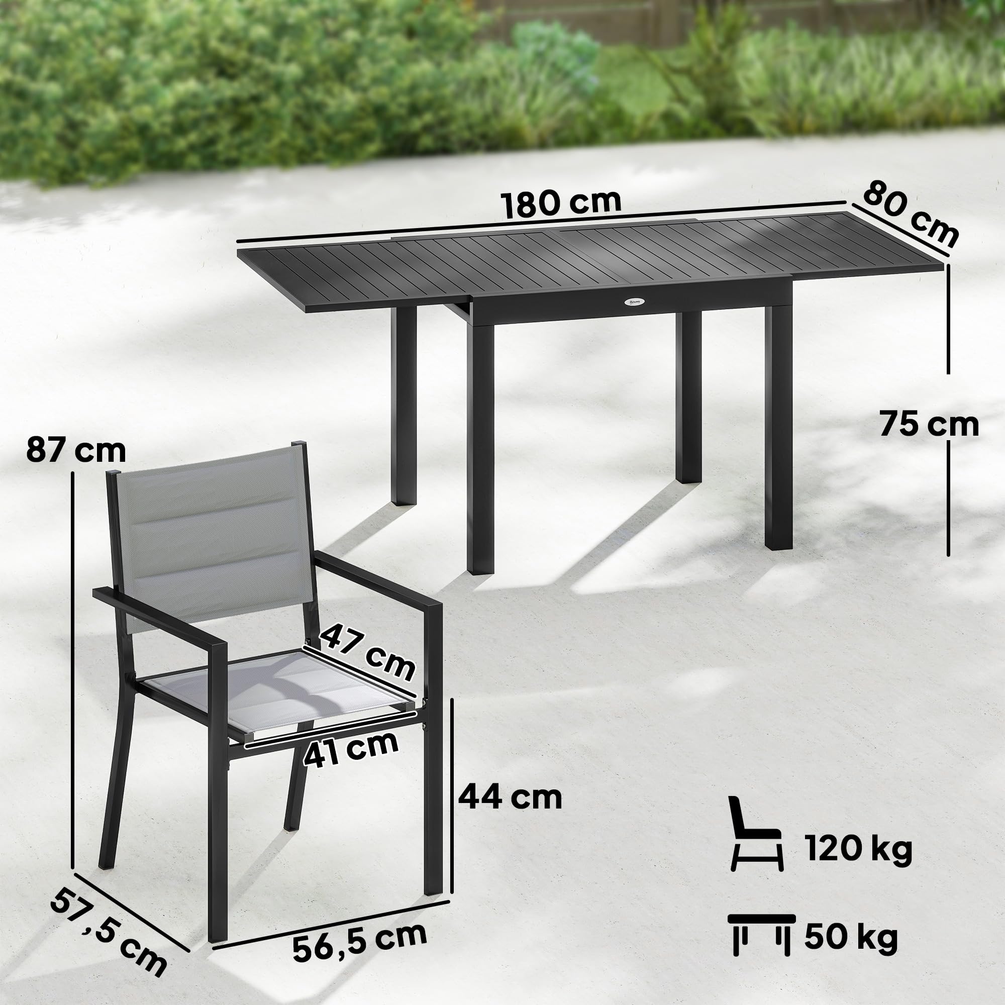 Outsunny Salon de Jardin 7 Pièces Table Extensible Aluminium - Ensemble Mobilier de Jardin avec 6 Chaises Empilables Textilène Rembourré - Meuble pour Terrasse Extérieur et Repas de Famille, Gris