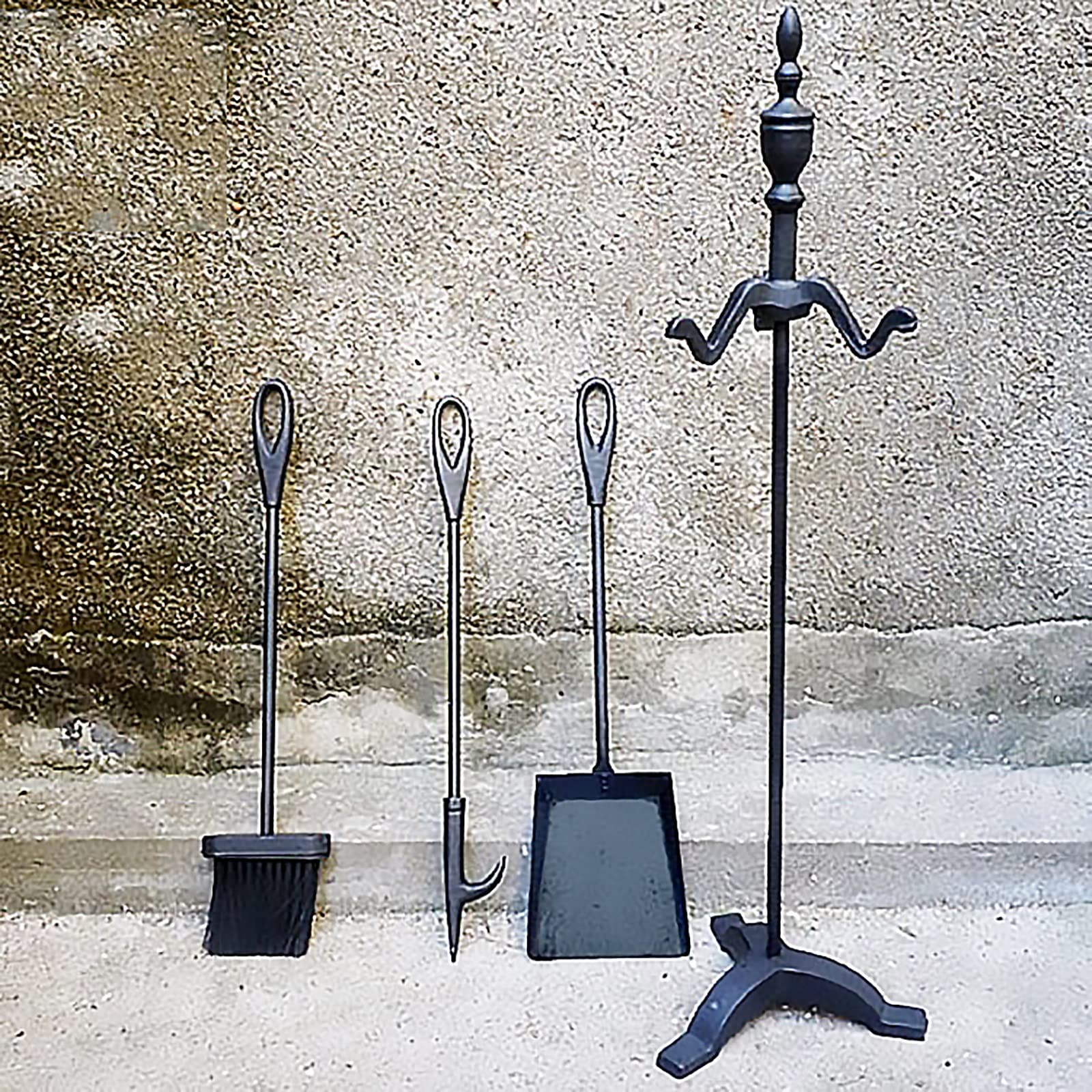 Juego de 4 herramientas para chimenea, accesorios de hierro fundido negro con ganchos, soporte, pala, cepillo de póquer, acabado moderno.