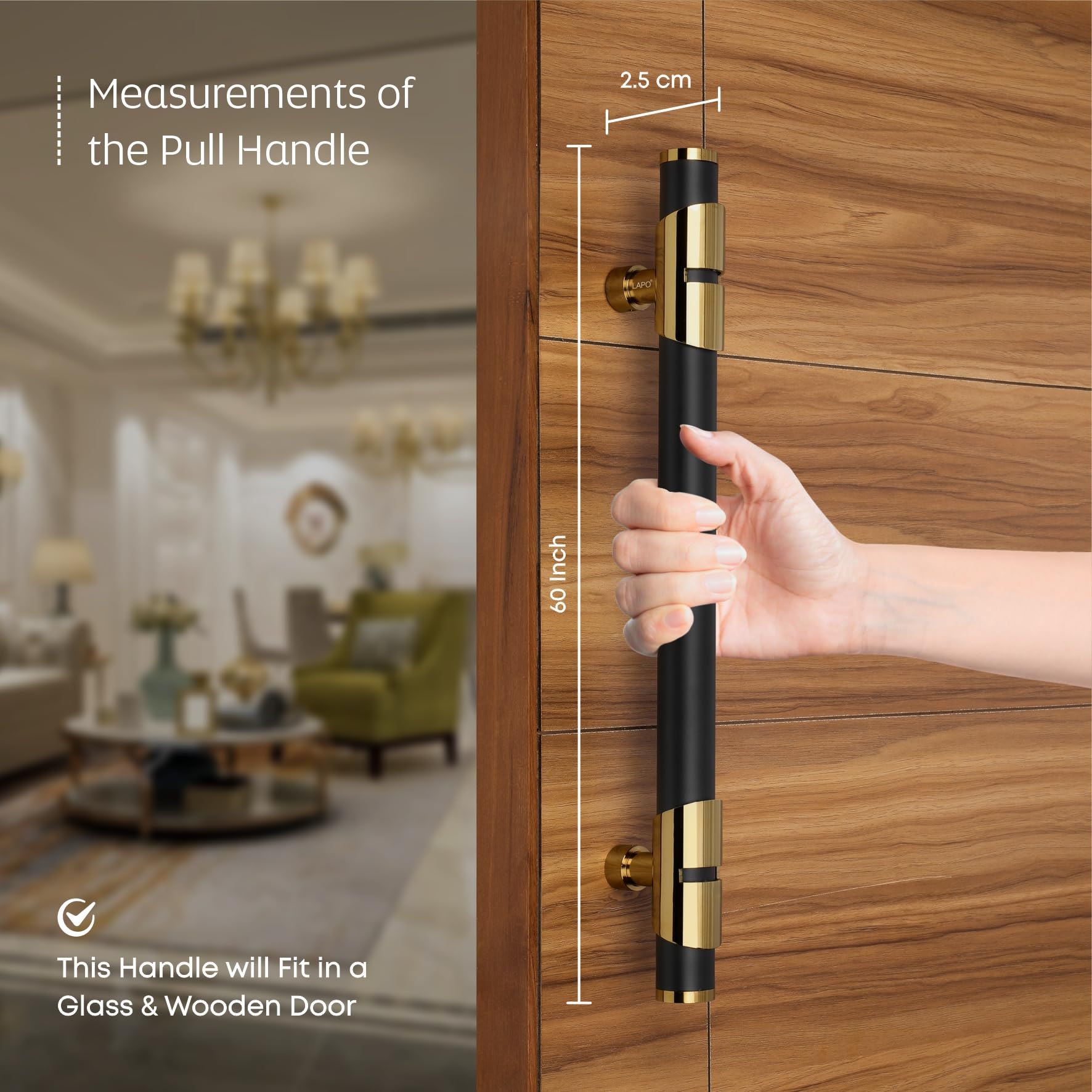 LAPO Door Handle for Main Door 60 inch, Wooden & Glass Door Handle, Door Pull Push Handle,Stainless Steel Pipe and Brass Base-Pack of 1 | Black-Gold Finish | 3 Years Warranty — Amazon image 5