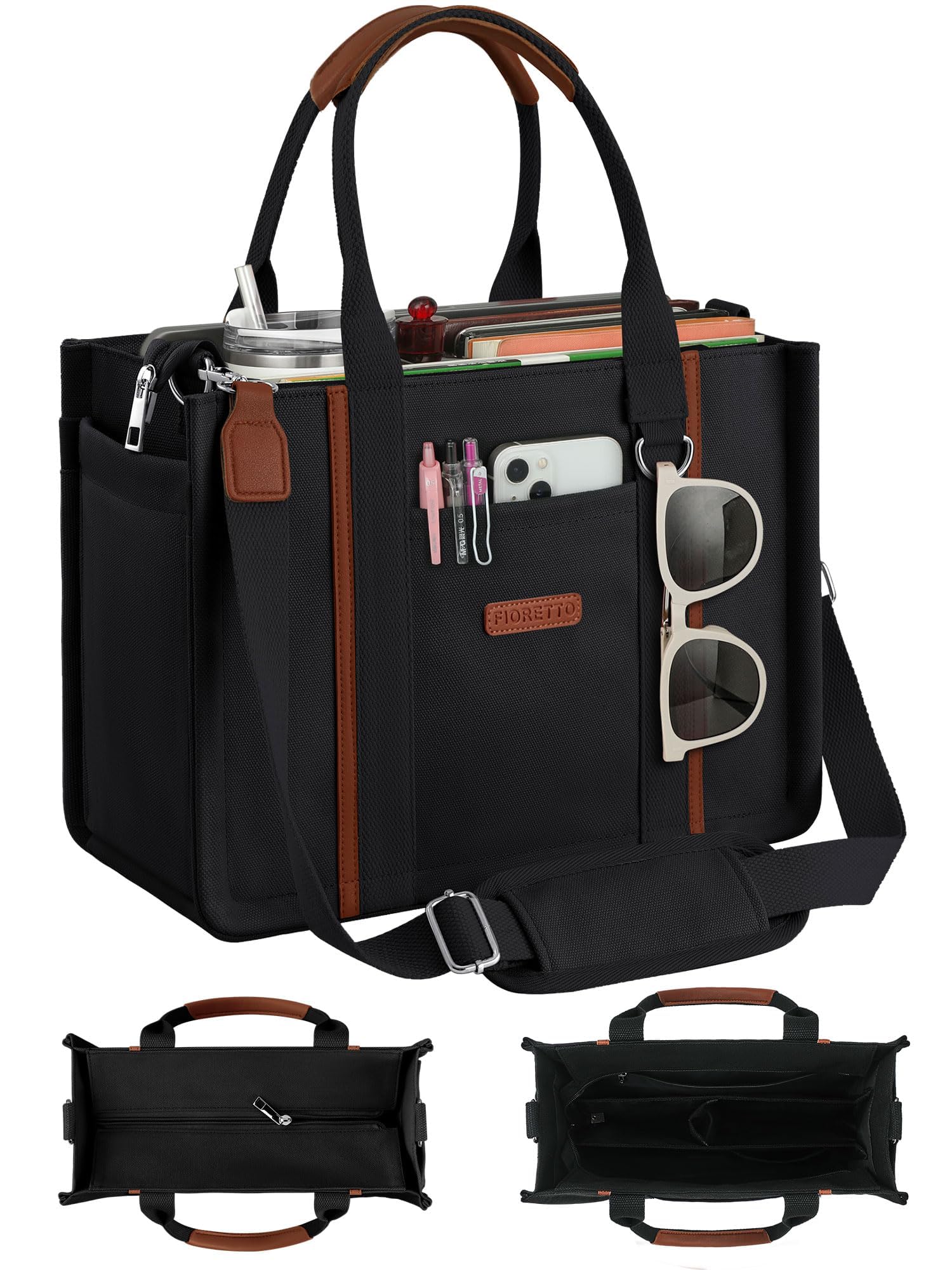 FIORETTO Women’s Canvas Tote Bag Purse with Zipper, Multi Compartment & Reinforced Bottom, Ideal for Work, Bible, Travel
