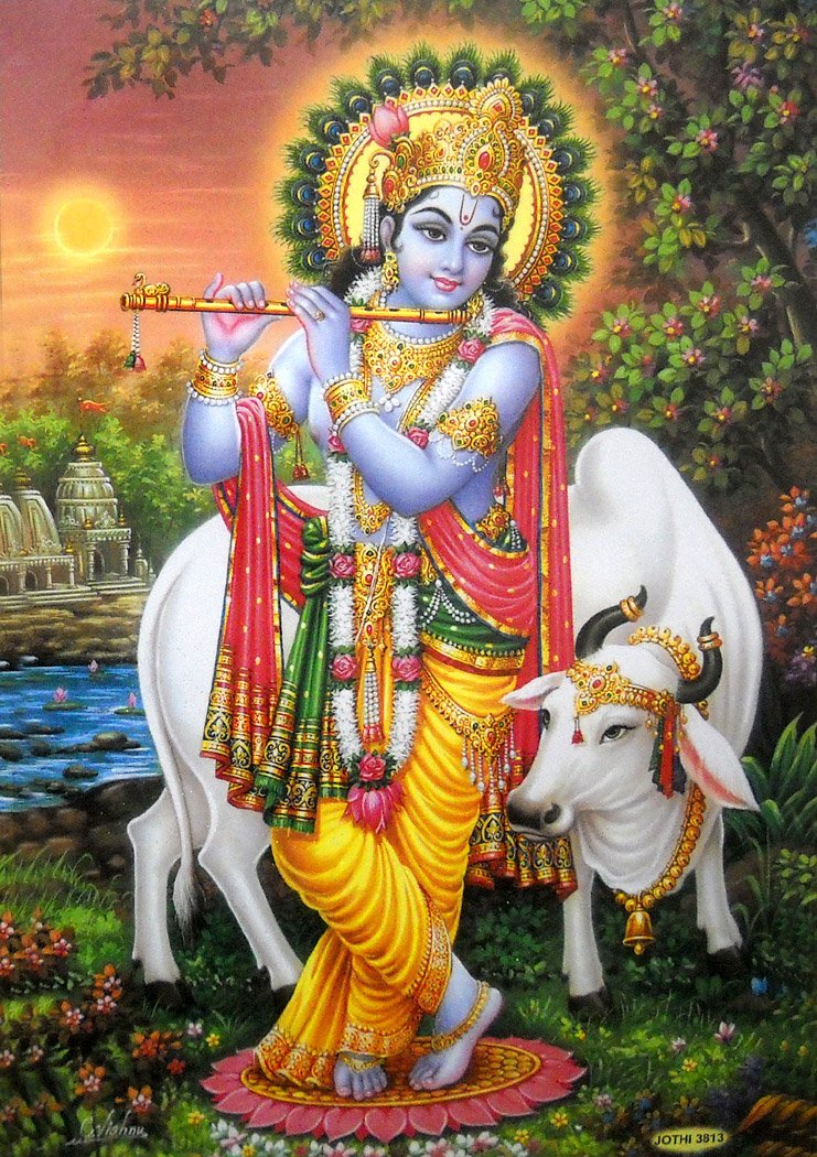 Krishna God With Cow Webelkart Premium Lord Krishna Playing Flute On