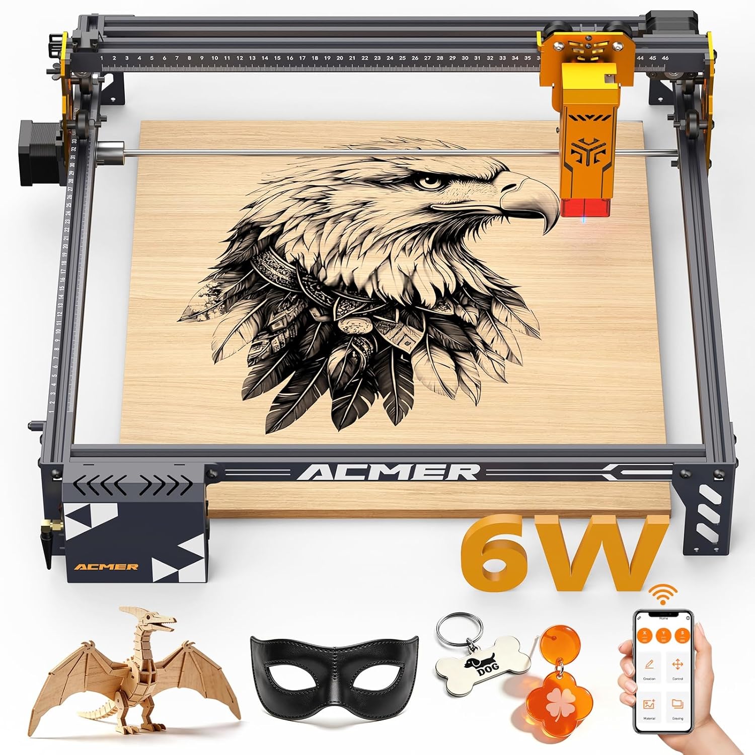 Acmer P1 S Pro Laser Engraver, 6W (6000mW) Laser Engraving & Cutting Machine with 380x370mm Large Area, WiFi Function, Engraves Wood Acrylic Leather Glass Metal, for DIY and Crafts