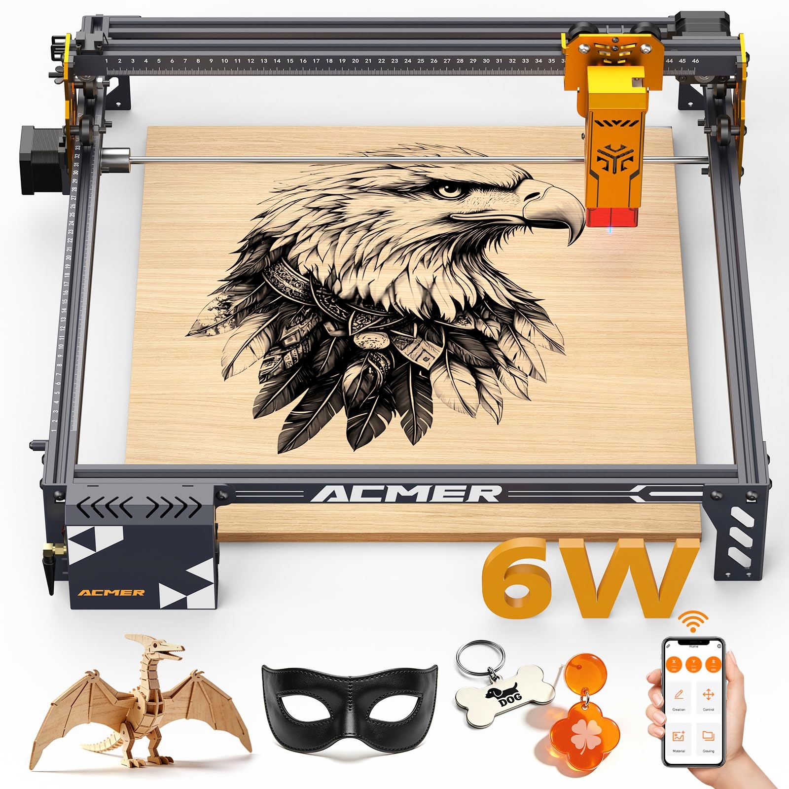 ACMER P1 S PRO 6W Laser Graviermaschine,48W Leistung Laser Cutter,0,01mm Präzision Hochpräzise Lasergravur Maschine für DIY Holz, Metall, Acryl Leder, etc(380 * 370mm Große Gravurfläche)