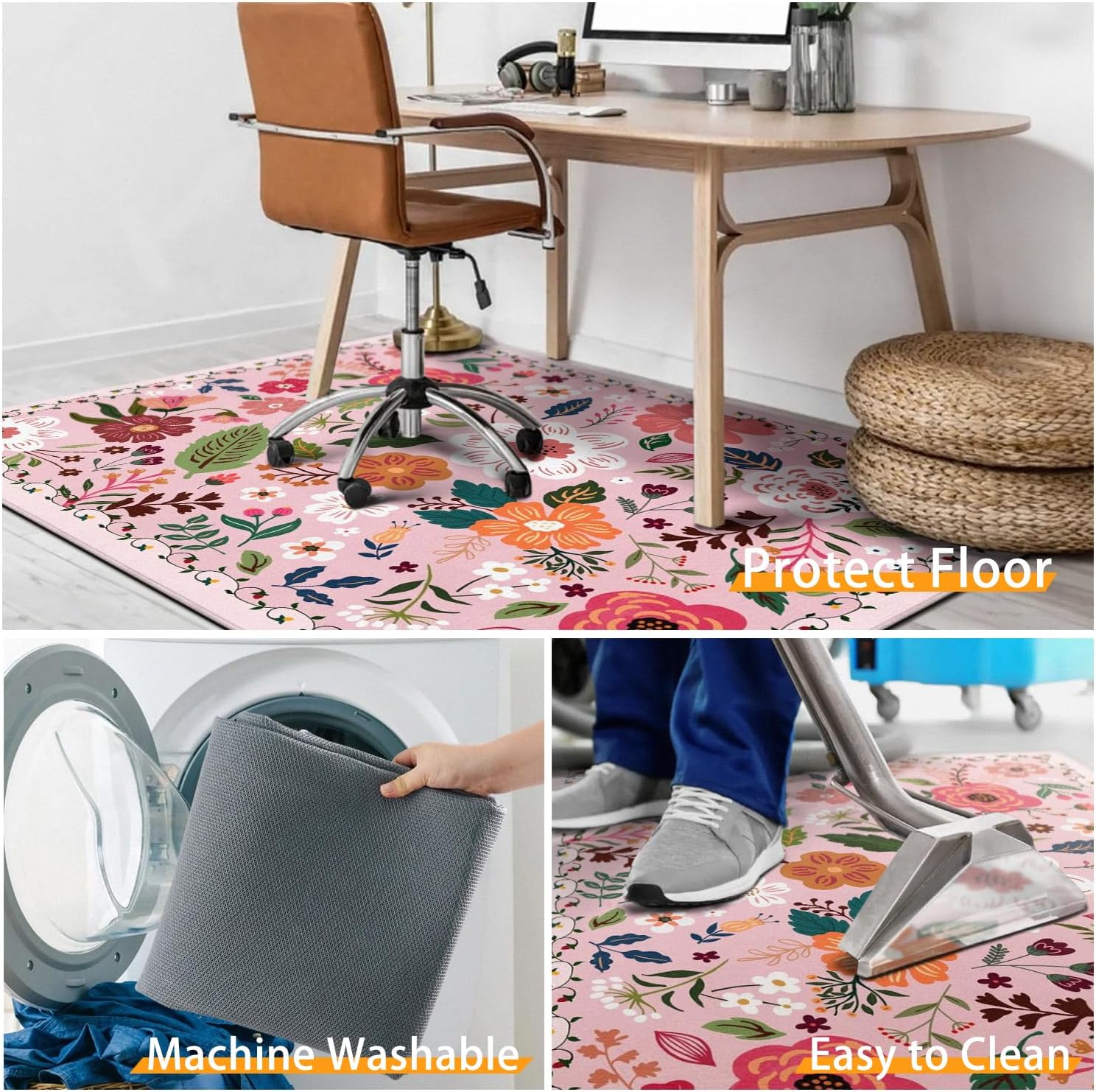 Office Chair Mat for Hardwood & Tile Floor,Boho Floral 36"x48" Computer Chair Mat for Rolling Chairs Carpet,Under Desk Non Slip Gaming Rug,Low-Pile Rubber Backing Large Protector Mat(Pink)