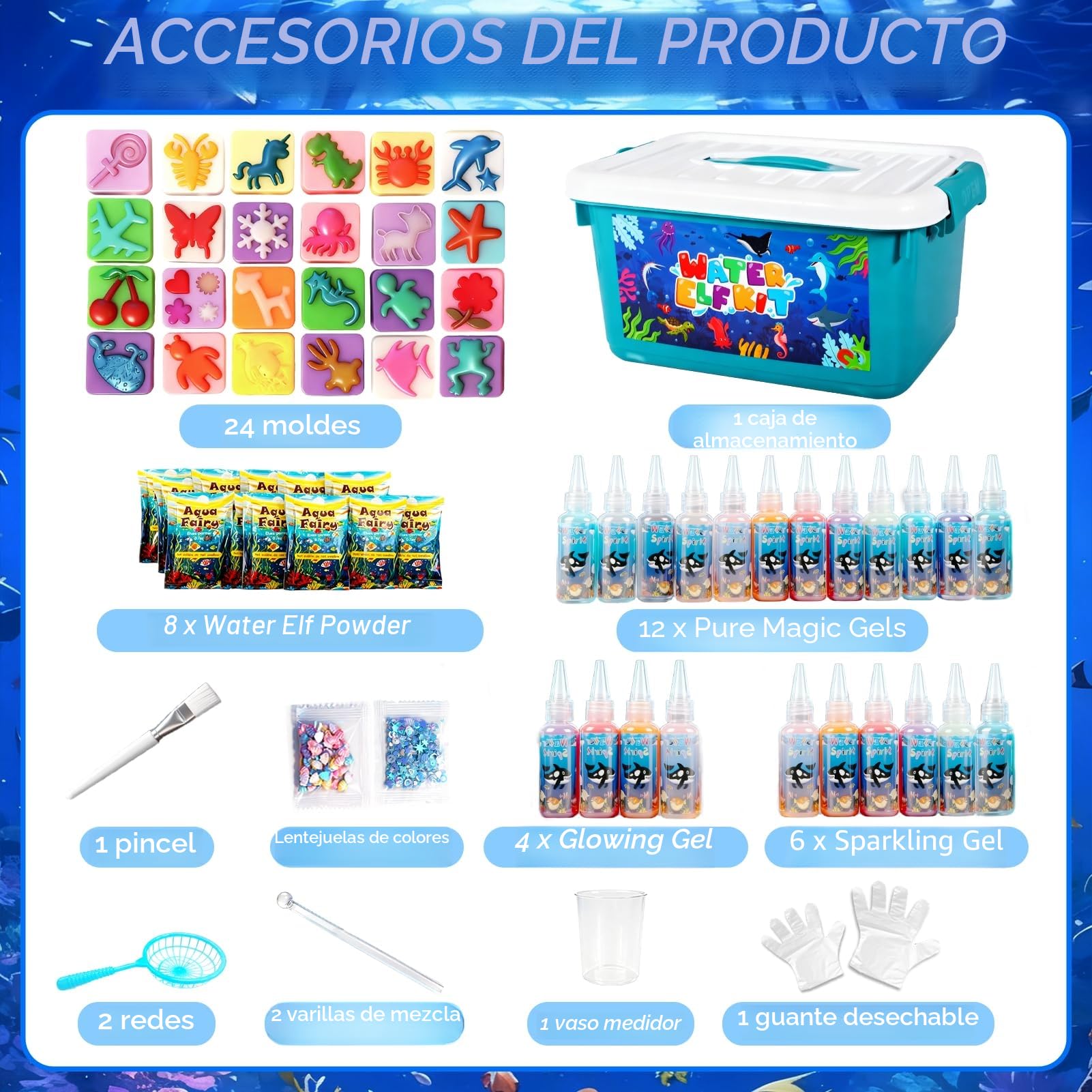 SACBRZZ Magic Water Elf, 71PCS Aqua Gelz Set,Mágico 3D DIY Kit De Gel De Agua Para Niños, Con 24 Colores Y 24 Animales Marinos Moldes, Manualidades Niños Para De 3 Años En Adelante