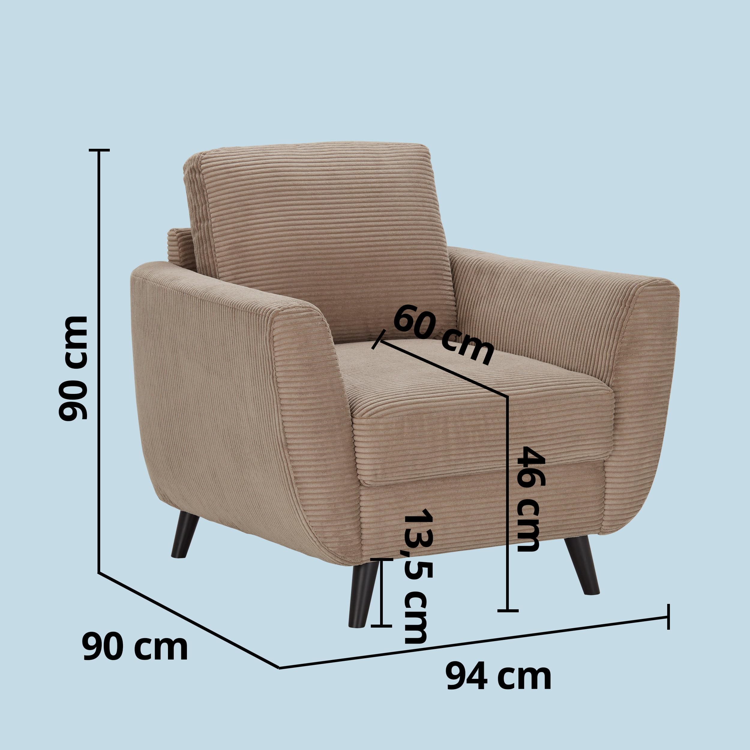 smart Sessel Wanja, Cordstoff Schlamm, 94x90x90cm - Skandi-Design, inkl. Rückenkissen, Polyätherschaum & Wellenunterfederung, Massivholzfüße, frei stellbar