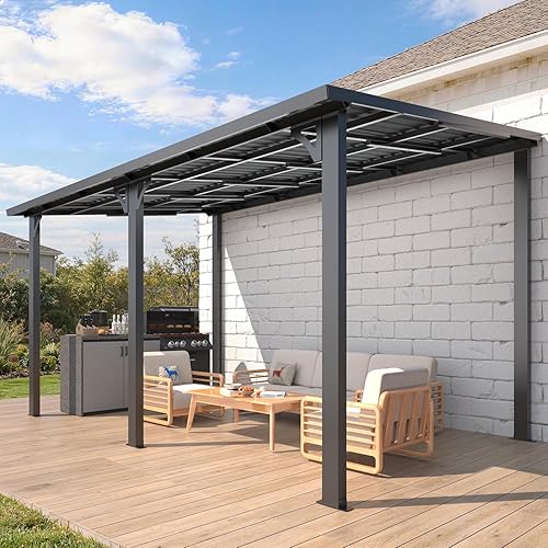 AECOJOY 14' x 8' Outdoor Hardtop Metal Gazebo for Patio, Large Lean to 8x14 Galvanized Steel Wall Mounted Pergolas and Grill Gazebos Clearance, Patio Roof Heavy Duty Awnings for Backyard, Decks