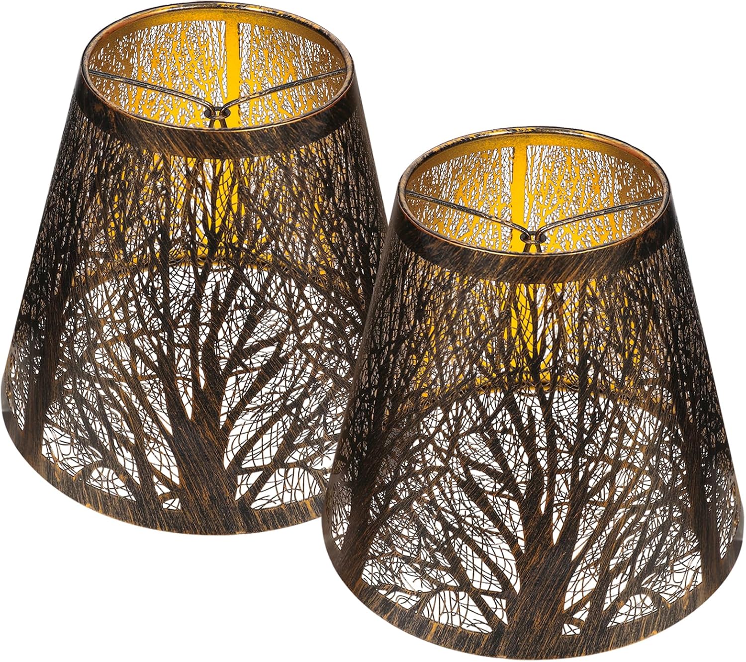 Small Lamp Shades Set of 2 Clip On Bulb, Barrel Metal Lampshades for Table Chandeliers Wall Floor Lamp Replacement, 4" Top x 7" Bottom x 6" High, Bronze Gold Forest Tree Pattern