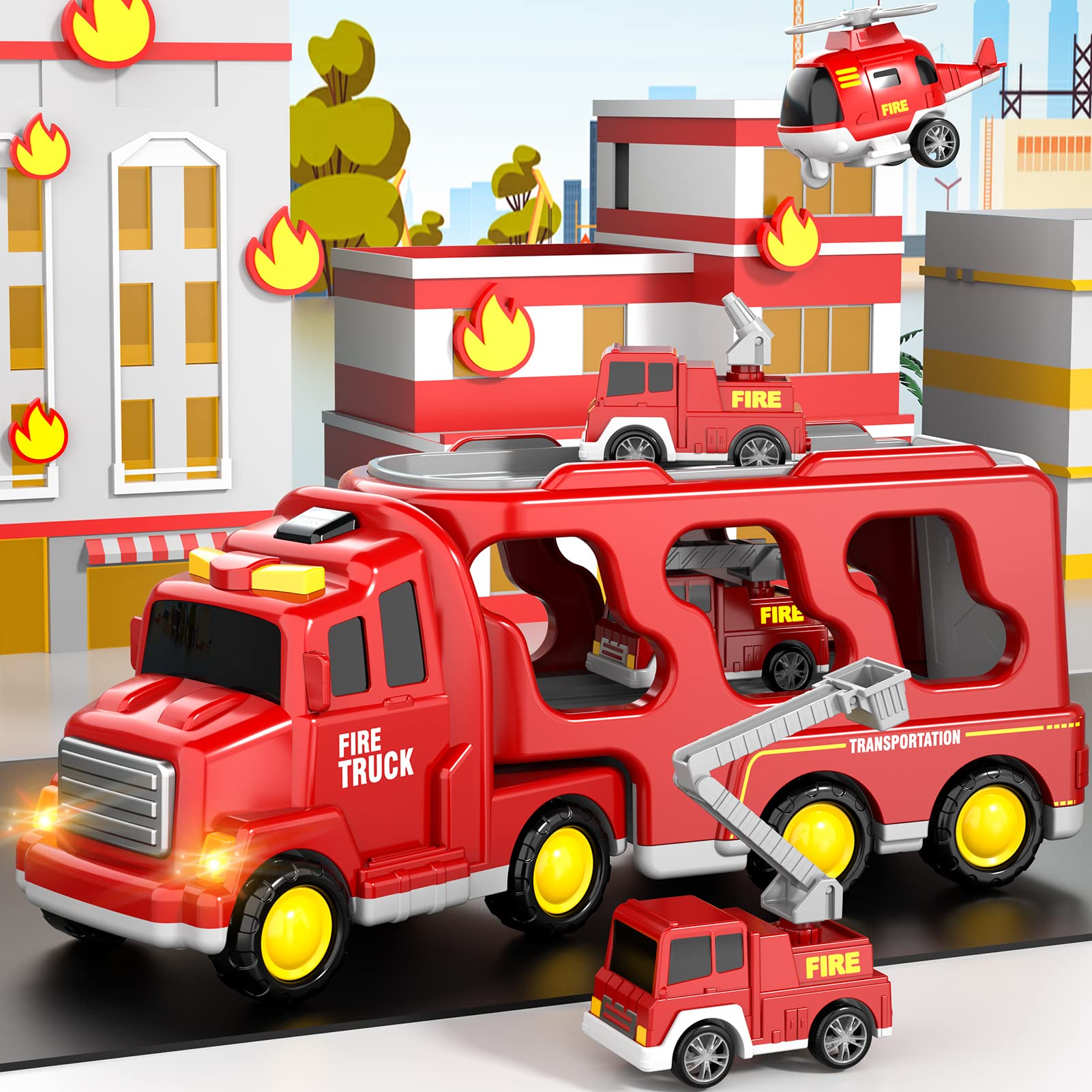 5-in-1 Feuerwehr LKW Spielzeug für Kinder, Reibungsbetriebene Transporter mit 4 Feuerwehrfahrzeugen Jahren für Jungen und Mädchen mit Lichtern und Geräuschen für Kleinkind 4 5 6