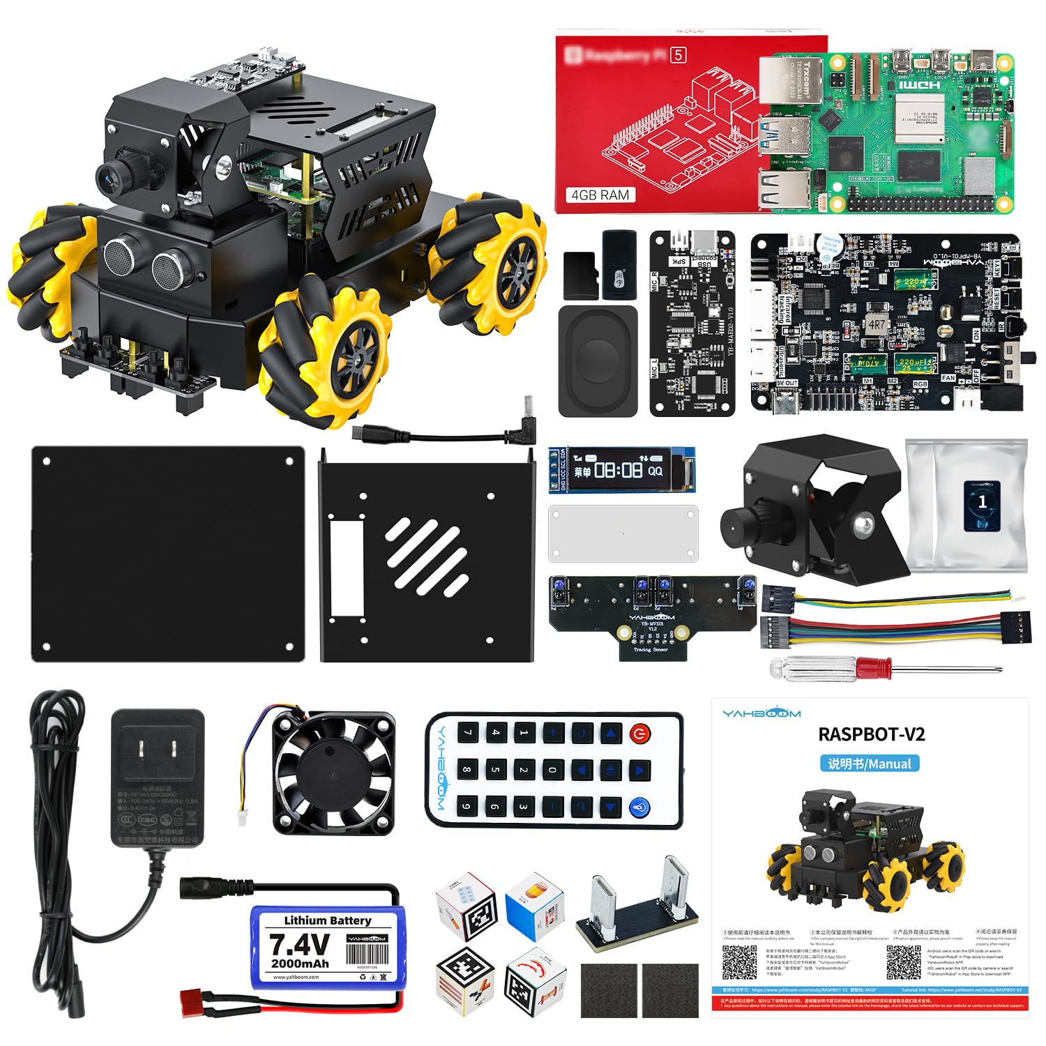 Yahboom Raspberry Pi 5 4GB RAM ROS2 Robot Car 360°Movement, AI Vision &amp; Tracking, Integrated Multimodal Large AI Model OpenRouter, AI Voice Interaction(Superior with RPi5-4GB)