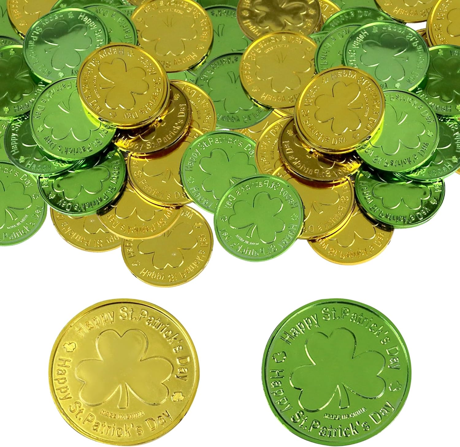 St Patricks Day Gold Coins, 60 Pack Gold and Green Lucky Coins, Plastic Shamrock Leprechaun Coins for St. Patrick's Day Irish Party Supplies Decorations