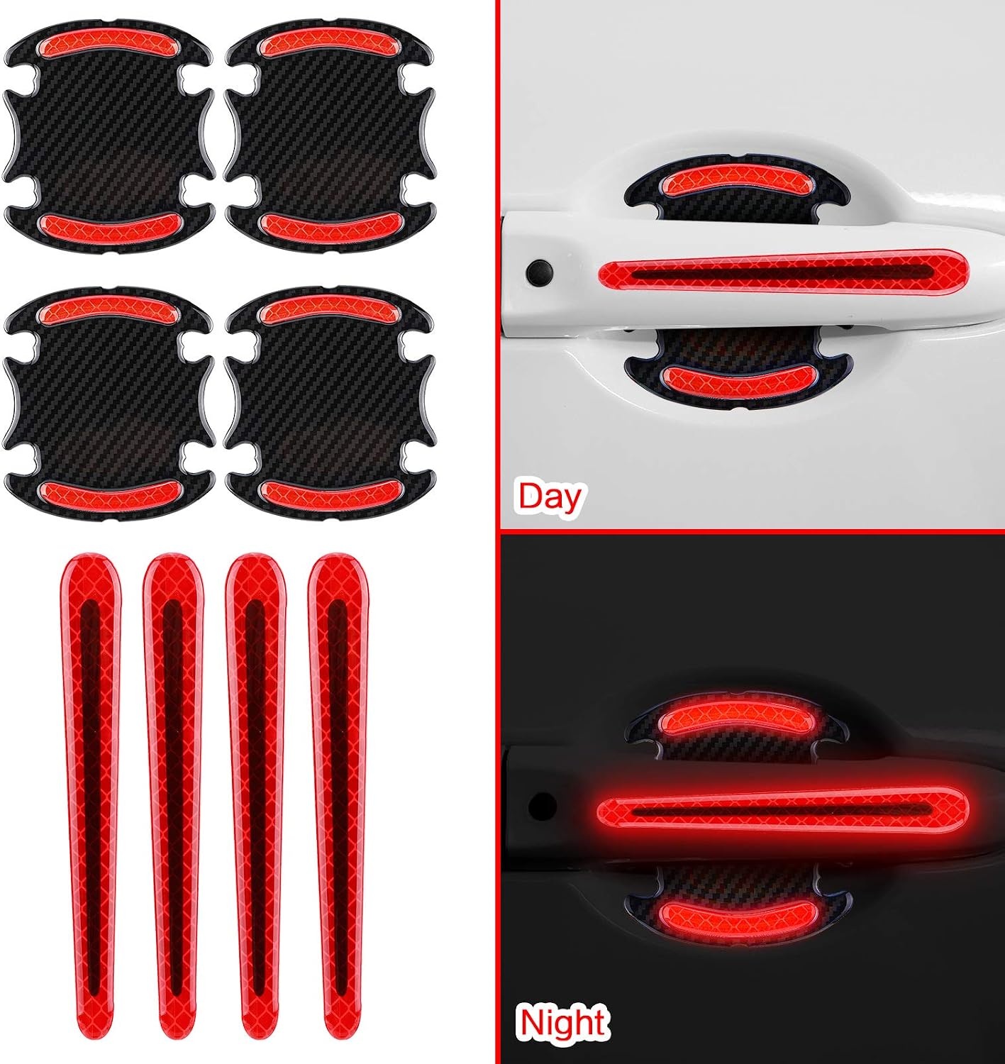 12 Pieces Reflective Car Stickers Set Rearview Mirror Reflective Warning Stickers Car Side Reflective Stickers Car Handle Protectors and Handle Paint Scratch Films for Car Safety (Red)