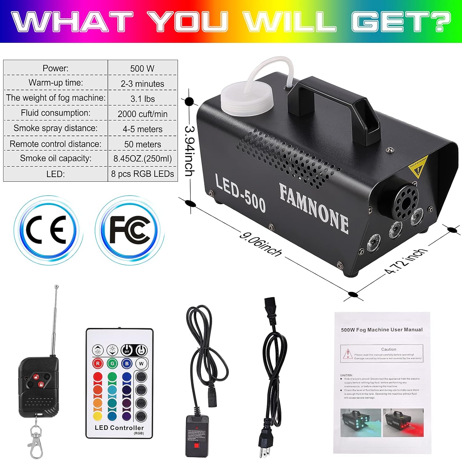 Fog Machine, 3 Stage LED Lights with 16 Colors Controllable Lights Effect,500W Wireless Remote Control with Preheating Light Indicator for Weddings, Halloween, Parties & Stage -