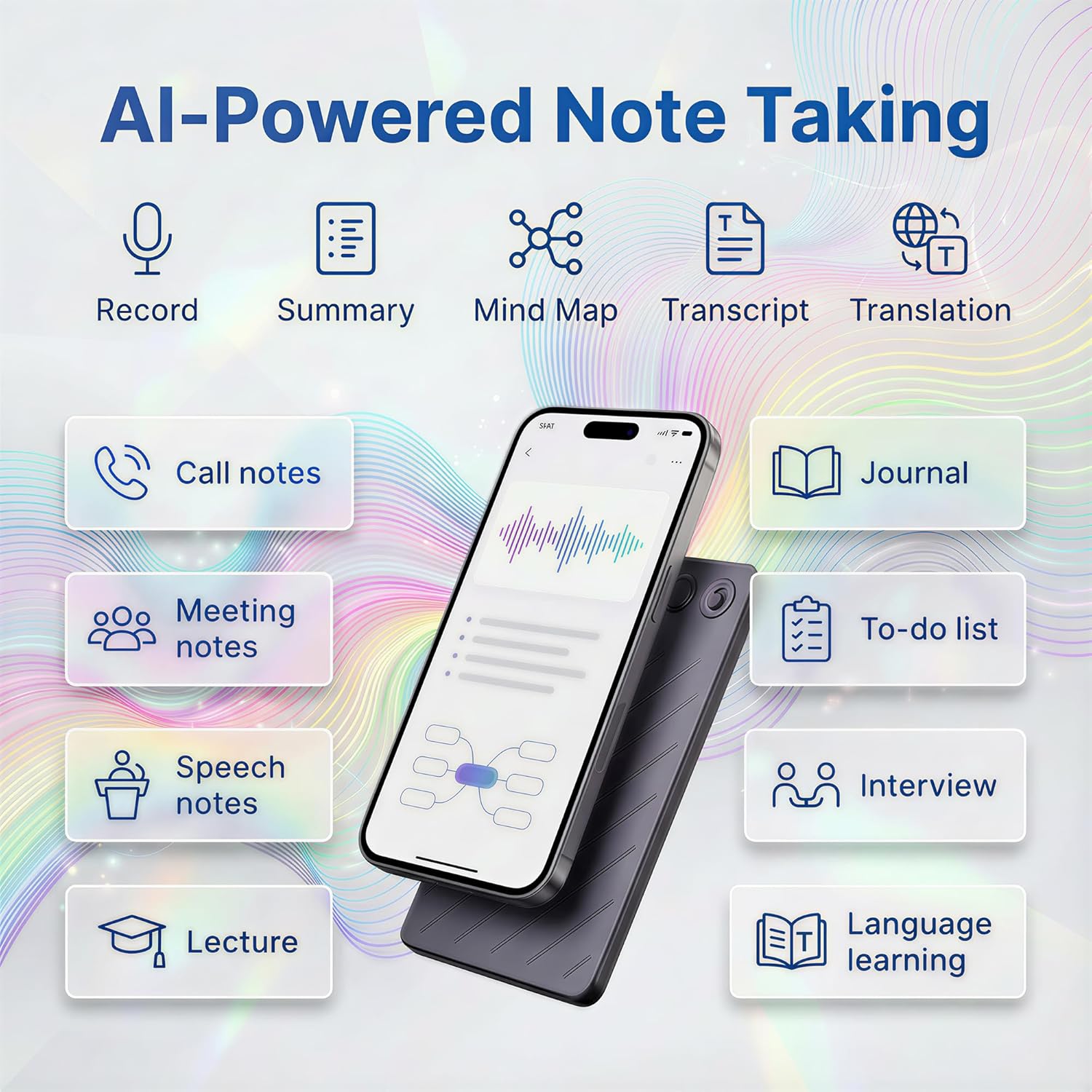 AI Voice Recorder (64GB) – Real-Time Transcription & Summarization | 152 Languages, Noise Cancellation & App Control for Meetings, Lectures, Interviews & Calls