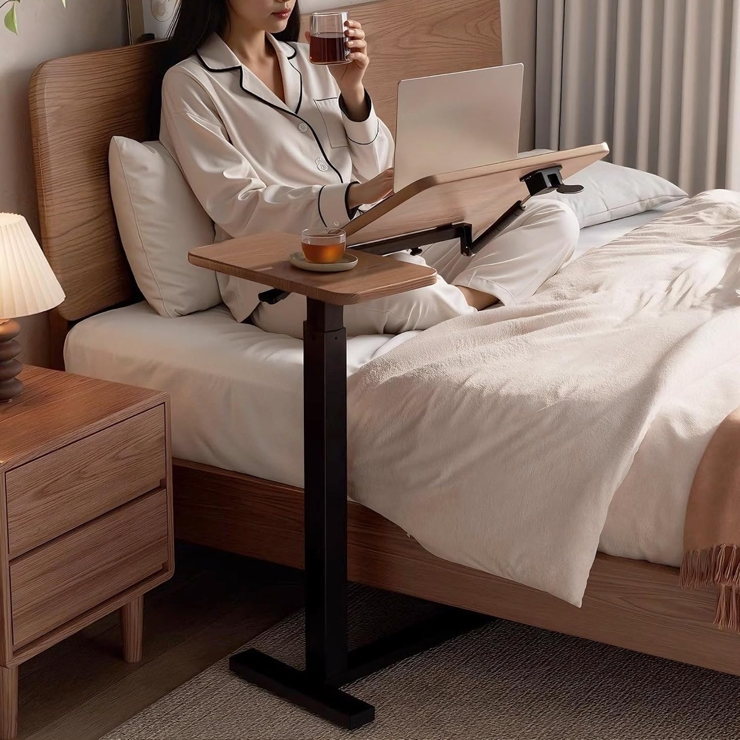 C Shaped Side Table Adjustable Height with Hidden Wheels, Dual Pneumatic Lift & Tilt Top, (23.6''x15.8'')Mobile Overbed Table That Slide Under, Couch End Desk for Hospital Home Office (Walnut)