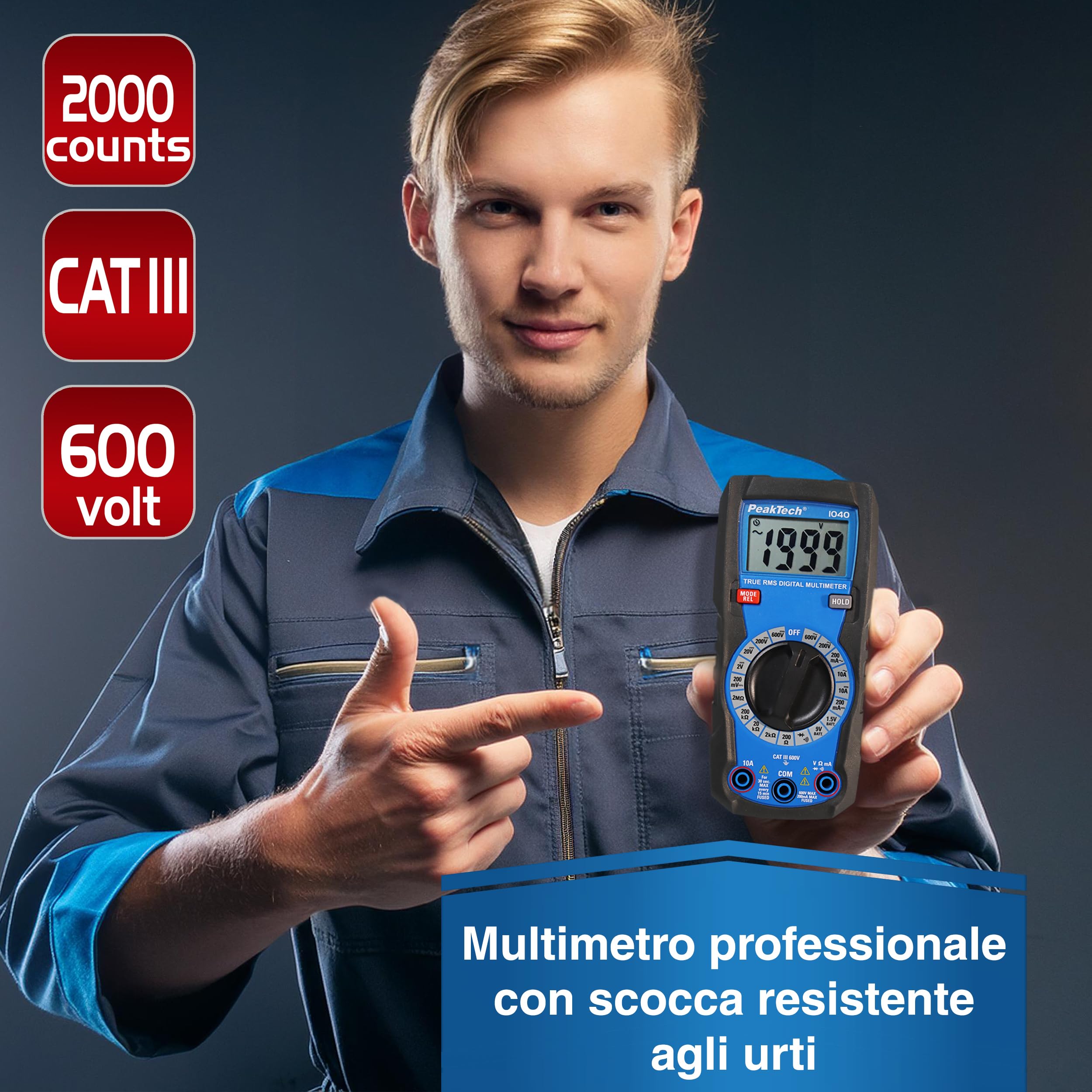 PeakTech P 1040 - Multimetro Digitale Compatto TRMS 2.000 Conti, Tester per Tensione, Corrente, Resistenza, Capacità e Continuità, 600V - CAT III, Nero