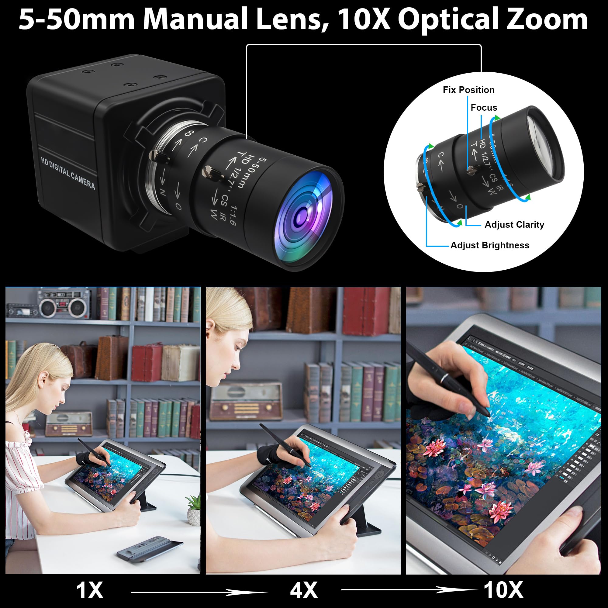 SVPRO 16MP USB Kamera mit Manuellem 5-50mm Objektiv, 10 Fach Optischem Zoom Webcam für PC Laptop, 4656x3496, IMX298 Sensor, UVC Industrielle Bildverarbeitungs Kamera für Windows,Linux,MacOS,Android
