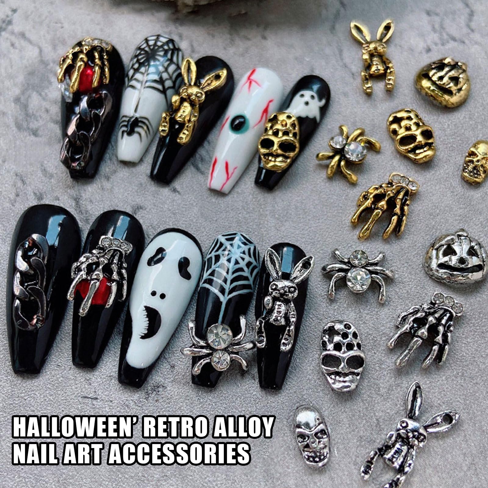 Halloween Nail Charms,72pcs Ghost Claw Spider Nail Gems with Rhinestones,Retro Skeleton Skull Hand Pumpkin Rabbit Gold Silver Alloy Nail Art Jewelry Decoration for DIY Halloween Nail Design Crafts - Image 3