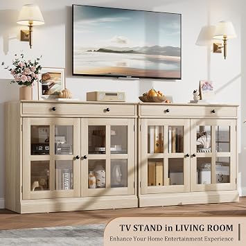 GarveeHome Modern 35.4 Sideboard Buffet Cabinet with Glass Door, Oak