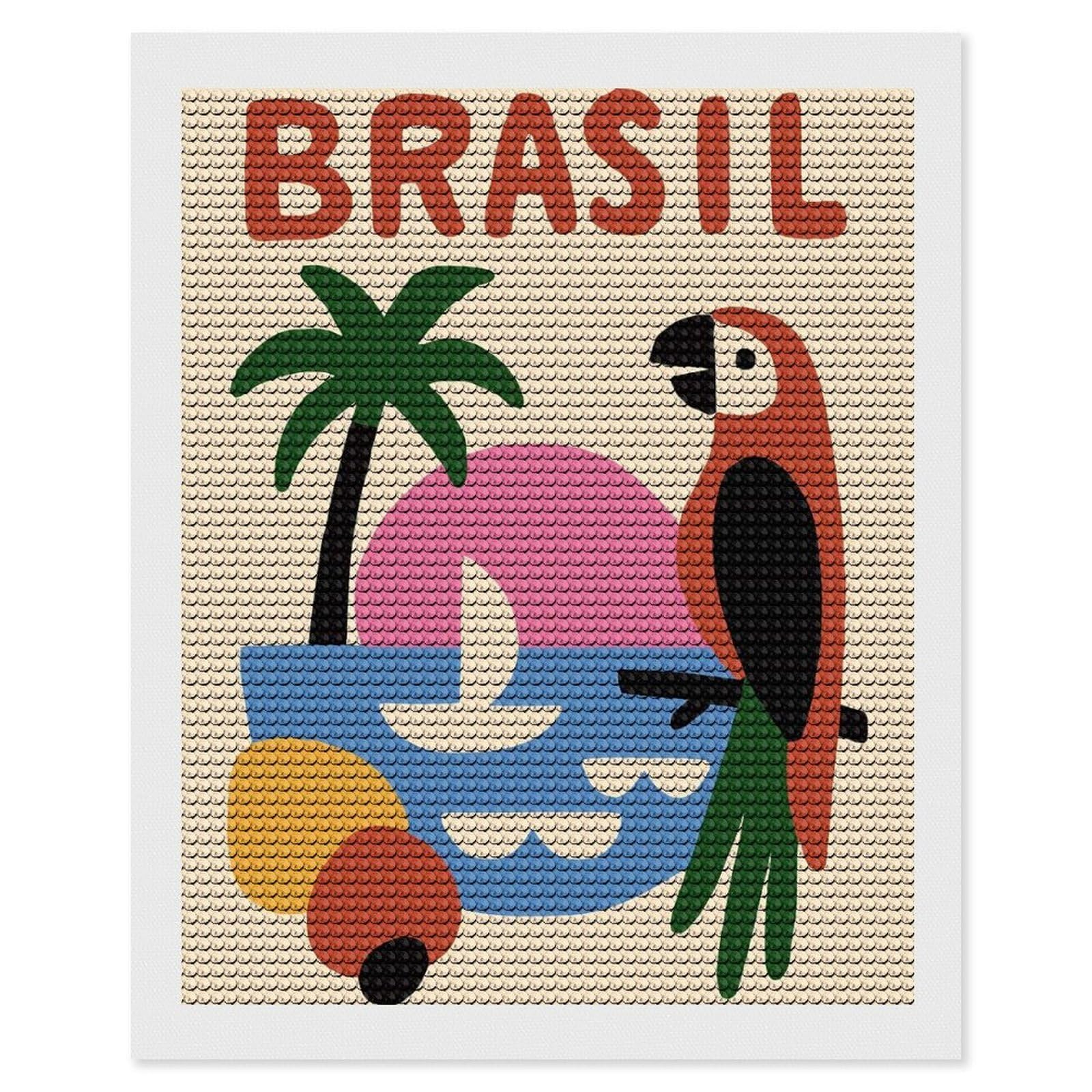 Junmoney Brasil Illustration with Parrot and Beach Diamond Painting Canvas Set 16"x20", Easy to Enjoy, Adhesive Canvas, Office Decor, Holiday Gift Idea, with Tool Kit