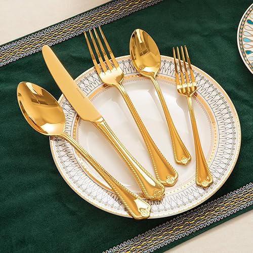 Miniatura 3 de KINGSTONE - Juego de cubiertos dorados, juego de 40 piezas de cubertería de acero inoxidable 1810 para 8, para cocina, hogar, boda, fiesta, pulido