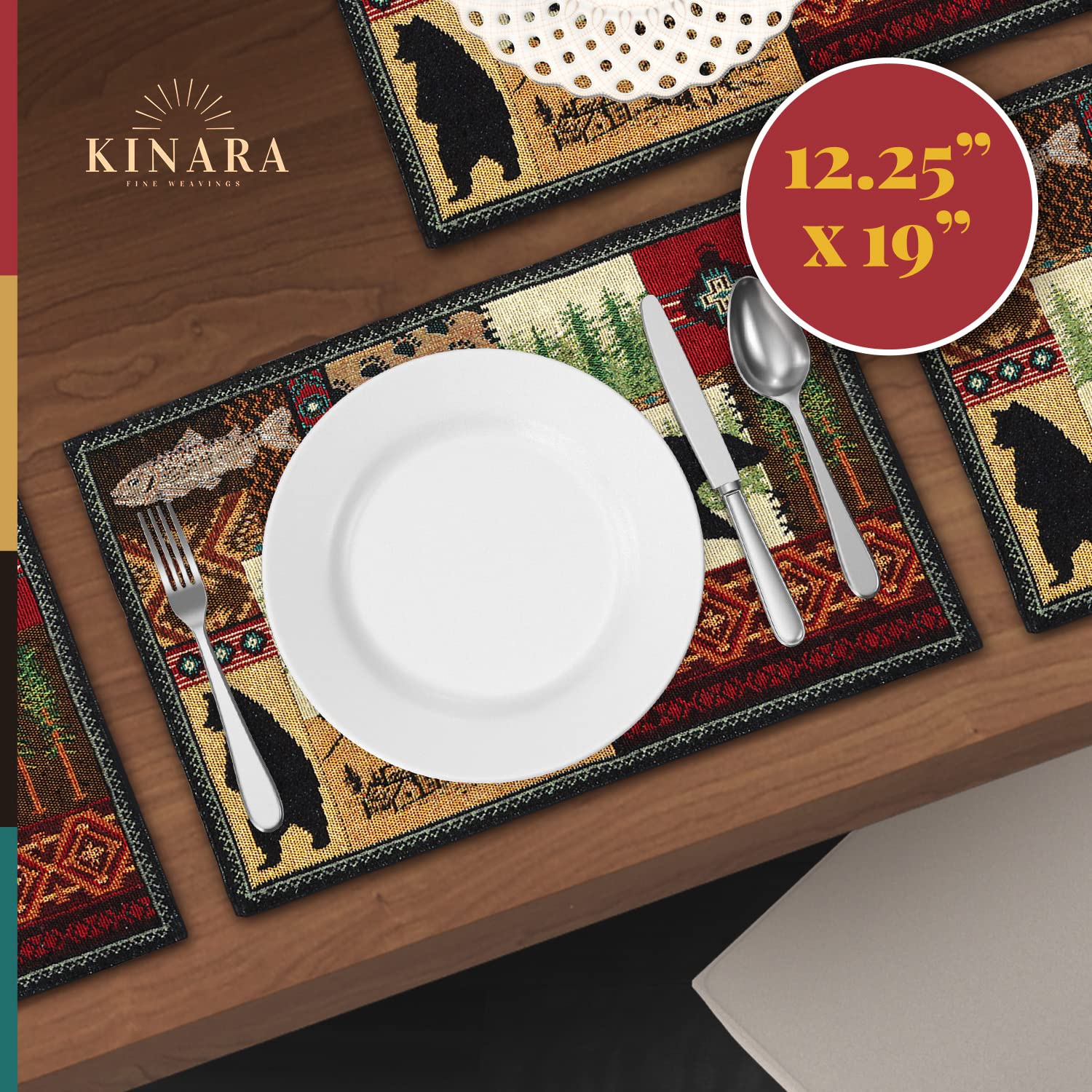 Kinara Lodge Platzdeckchen 4er-Set – Cabin quadratische Tischsets mit Schwarzbär, Elch, Hirsch, Jagd, Wildnis rot
