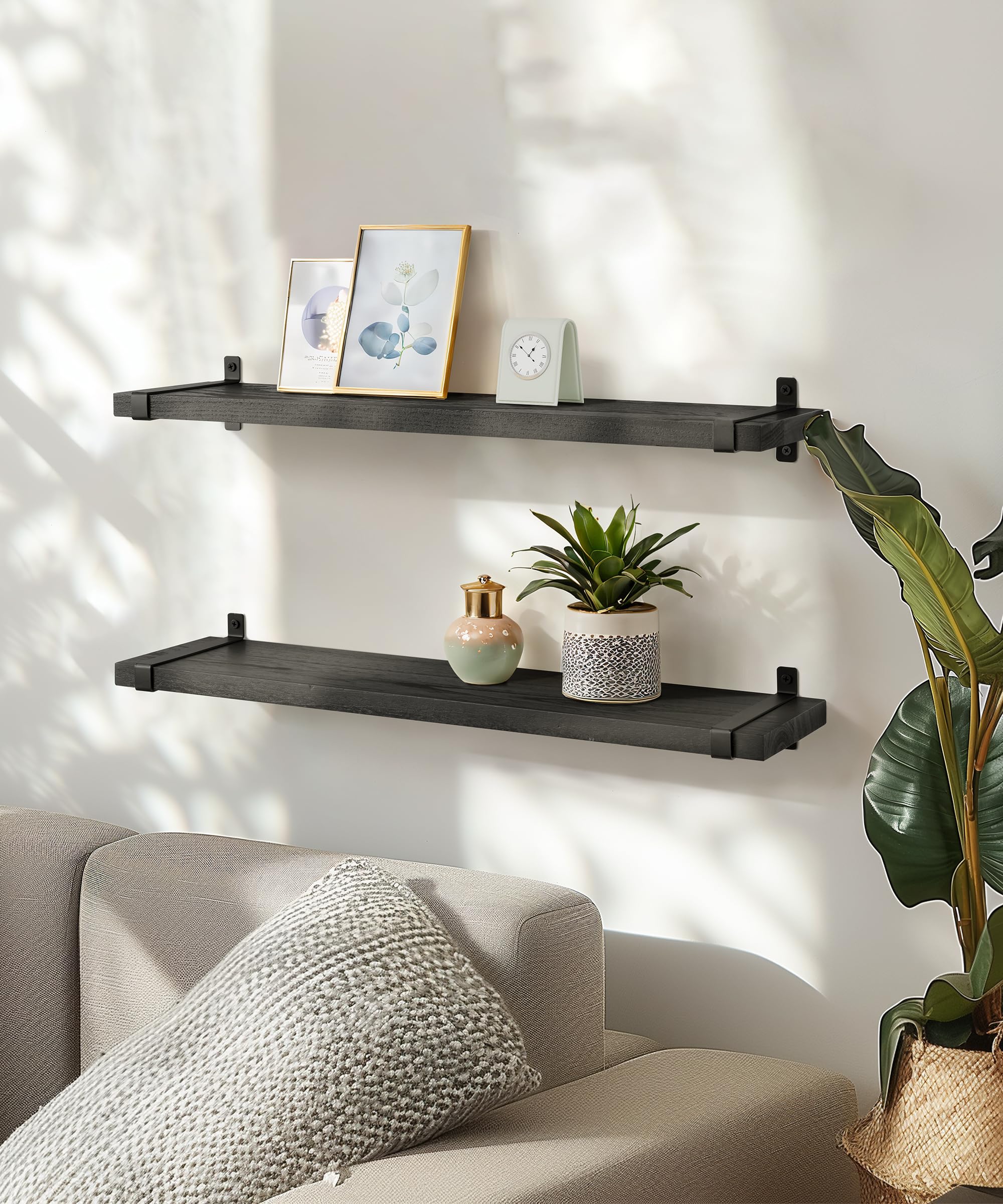 Gronda Black Floating Shelves for Wall 24 Inch Long Wall Mounted Shelves Modern Shelf Unit for Living Room Decor Bedroom Display Bathroom Kitchen Storage Set of 2 Black - Image 2