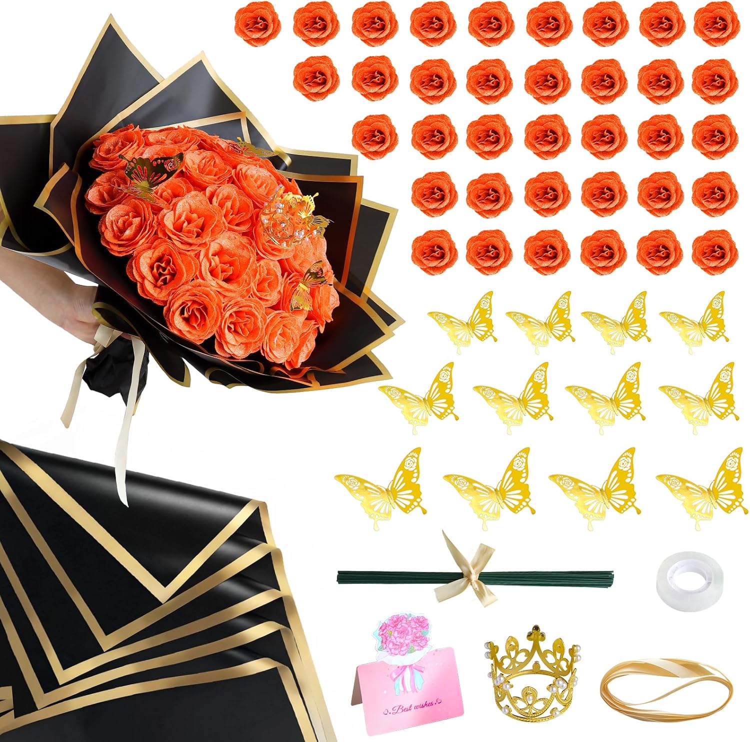 CCYXSHOW DIY Glitter Roses Bouquet - 36 Pack Fall Everlasting Flowers Fake Shiny Bouquet Artificial Orange Rose Bouquet Kit, Anniversary, Engagement, Wedding, Birthday Party Gifts