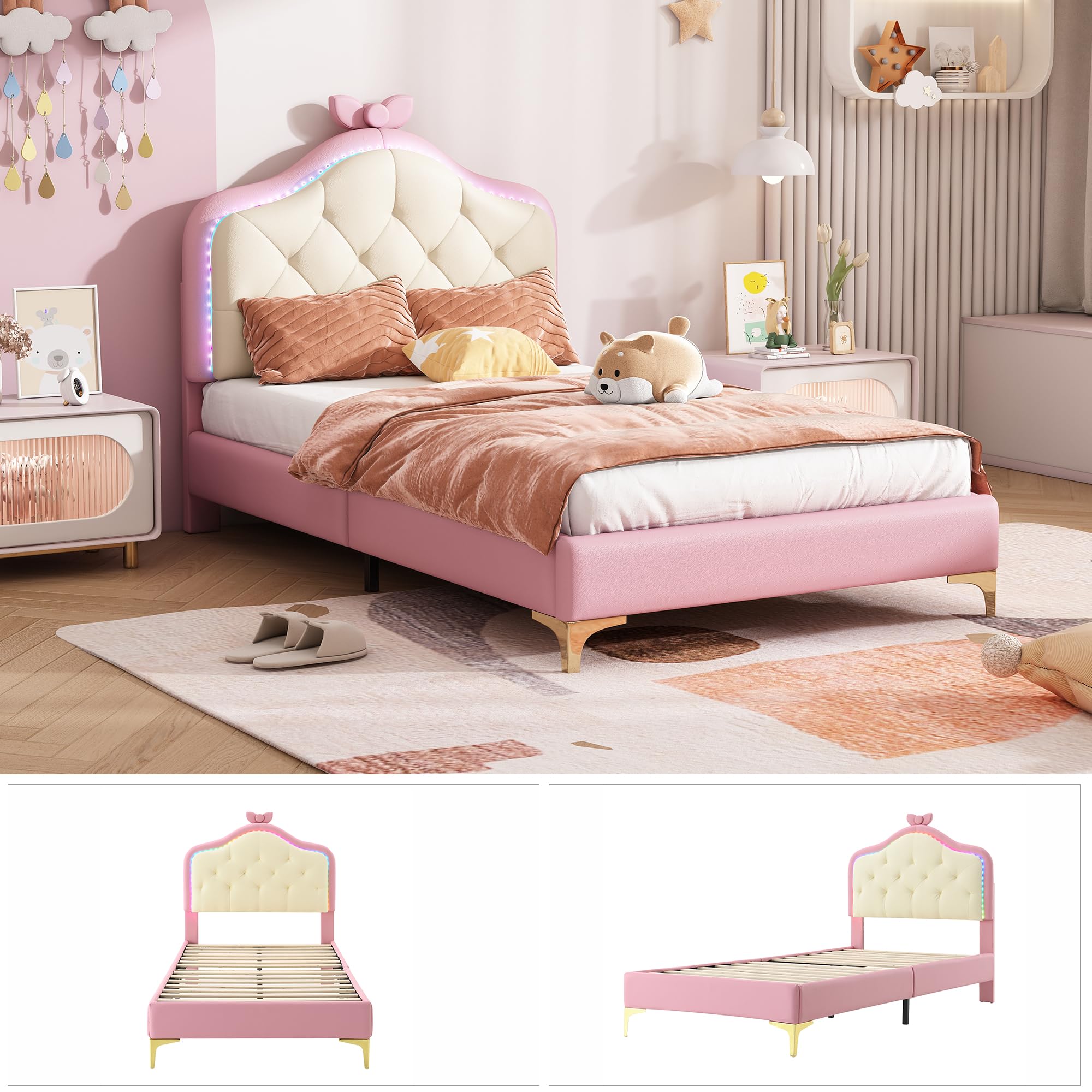 Cama tapizada mágica de princesa: rosa y blanco, 90 x 200 cm, cabecero con forma de nube con lazo y tiras LED, piel sintética, cama individual para niñas, ideal para habitación infantil con somier de