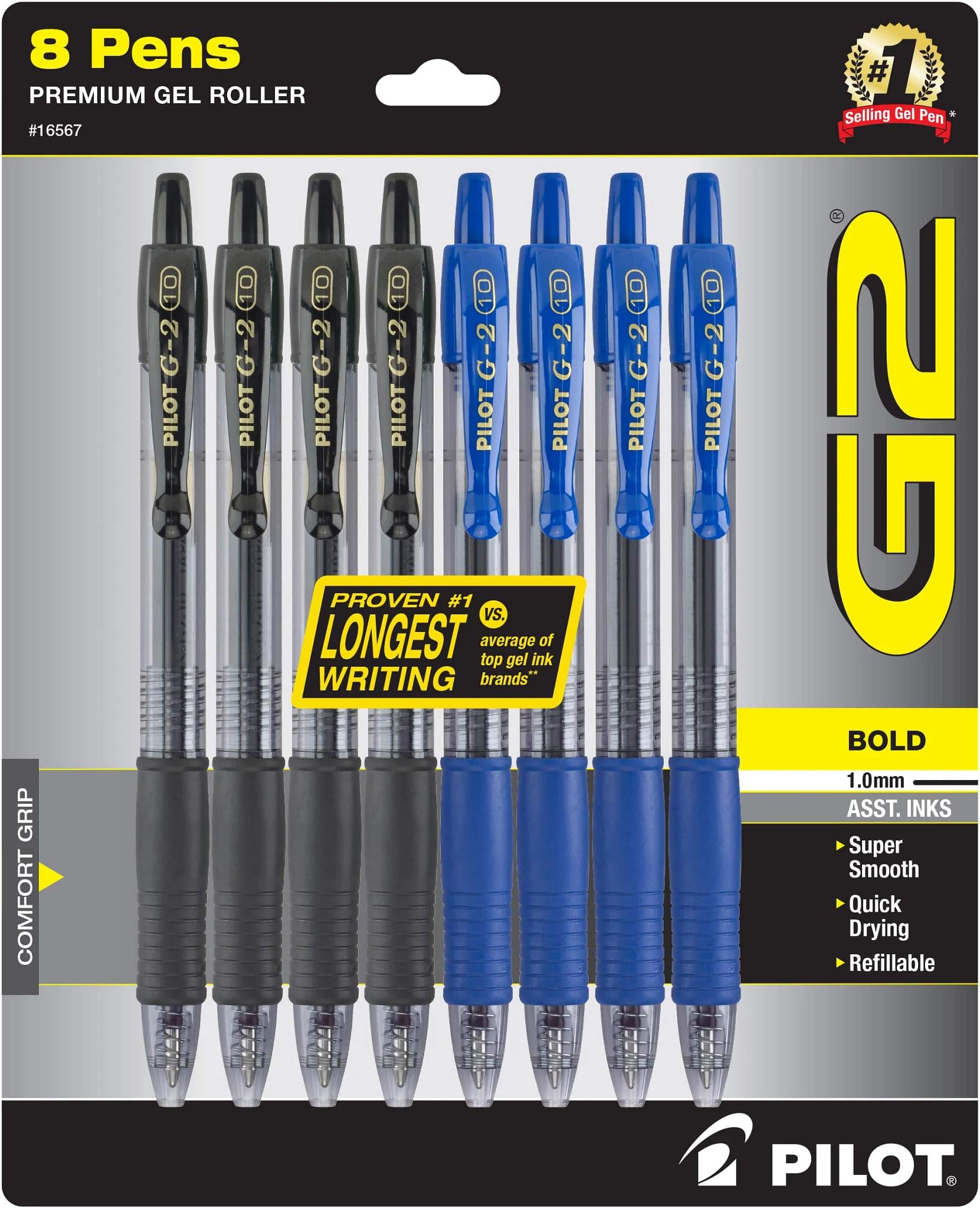 G2 Premium Refillable & Retractable Gel Ink Pens, Bold Point (1.0mm), Black/Blue, 8 Count (16567)