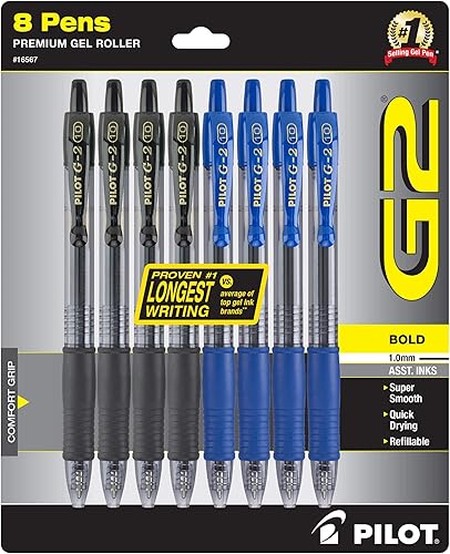 Pilot G2 Premium - Bolígrafos de tinta de gel recargables y retráctiles, punta audaz (0.039in), negro y azul, 8 unidades (16567)