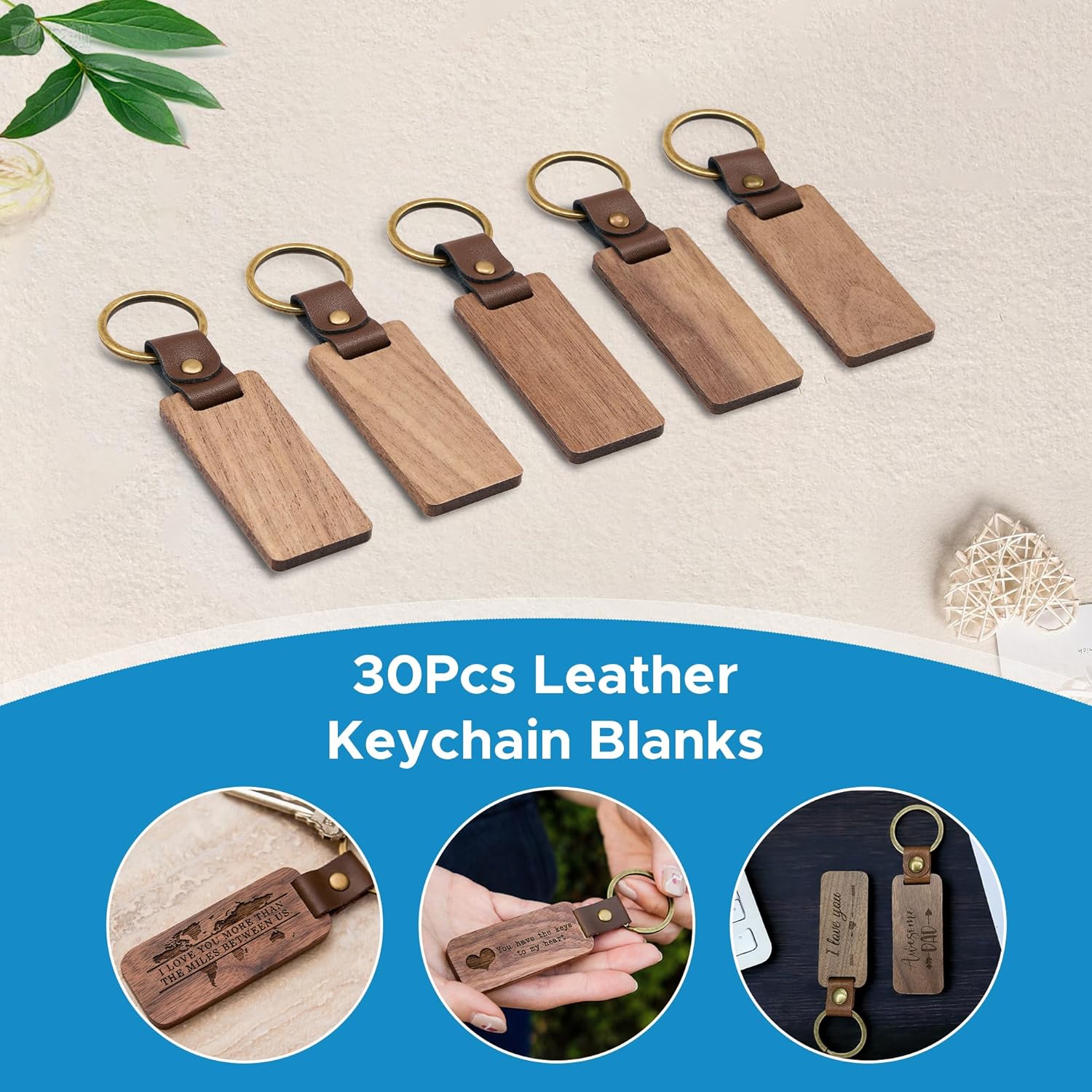 OMTech 30pcs Wooden Keychain Blanks, 2.6 x 1.2 in Rectangle Wood Key Chain Bulk with Leather Straps, Unfinished Wooden Key Rings Key Tags for Laser Engraving Keychain Making DIY Craft Gift Accessories - Image 2