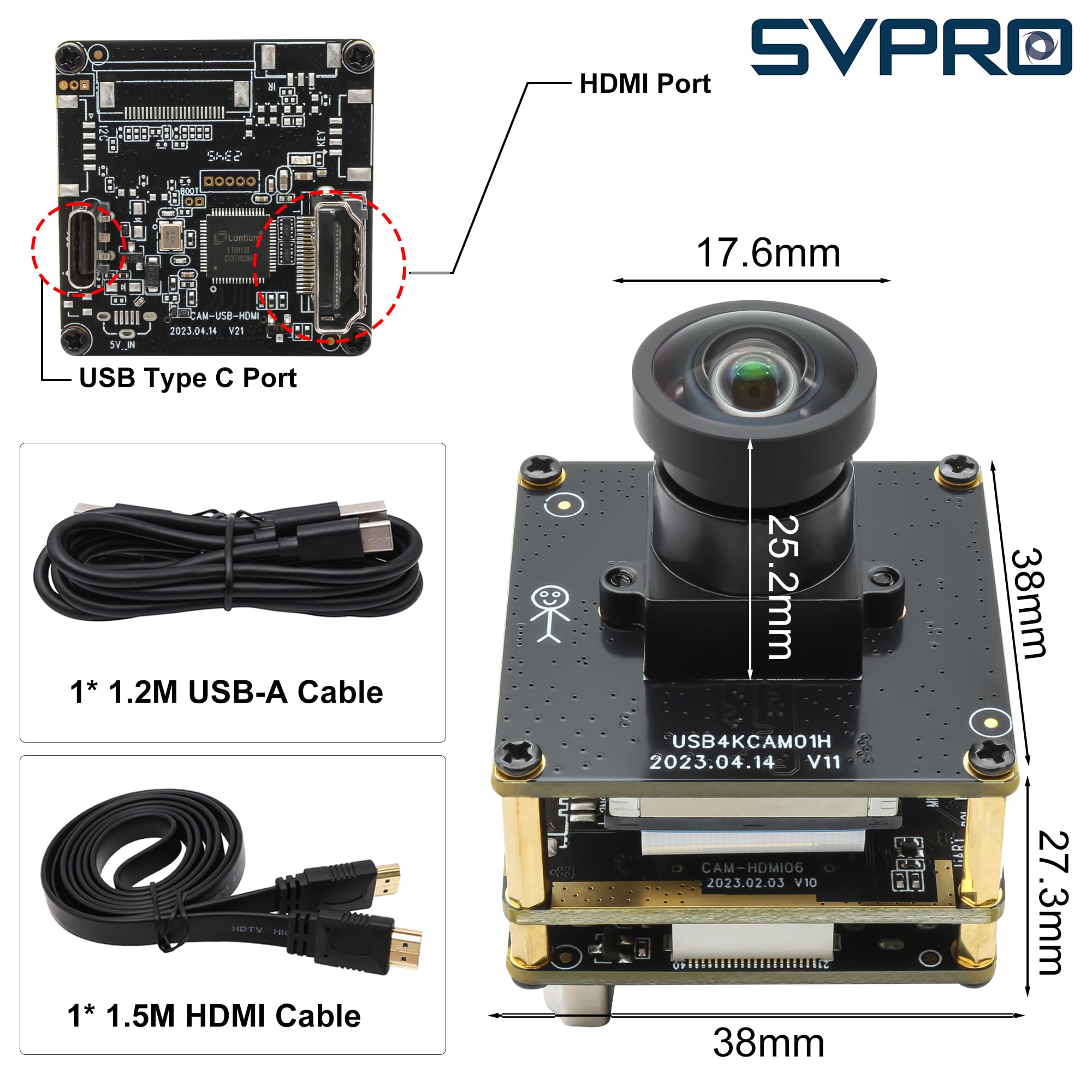 Svpro caméra HDMI USB 4K - Module grand angle pour moniteur - Projecteur - Double sortie - Caméra Lightburn - 2 x Digital Zoom Webcam Board H.264 8 MP UVC USB2.0 - Sans