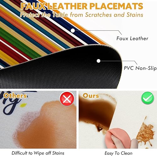 Miniatura 5 de Juego de 4 manteles individuales de rayas coloridas, diseño de rayas verticales, color arcoíris, de piel sintética, resistentes al calor,