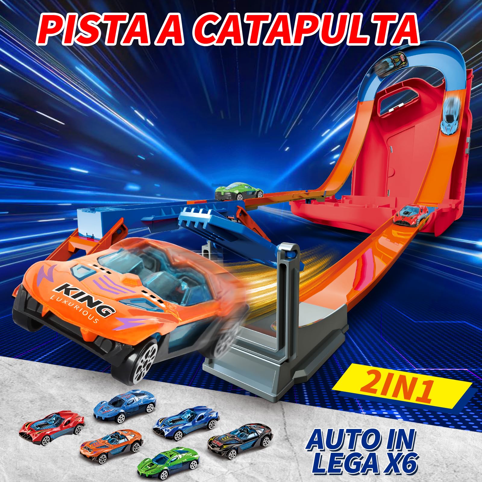 Charmofun Pista Macchinine 2 in1, Giocattolo Piste da Corsa con 6 Auto, Scatola Immagazzinaggio, Piste Macchinine per Bambini con Anello e Binari a U, Portatile Pista per Bambini 3+ Anni (Rosso)