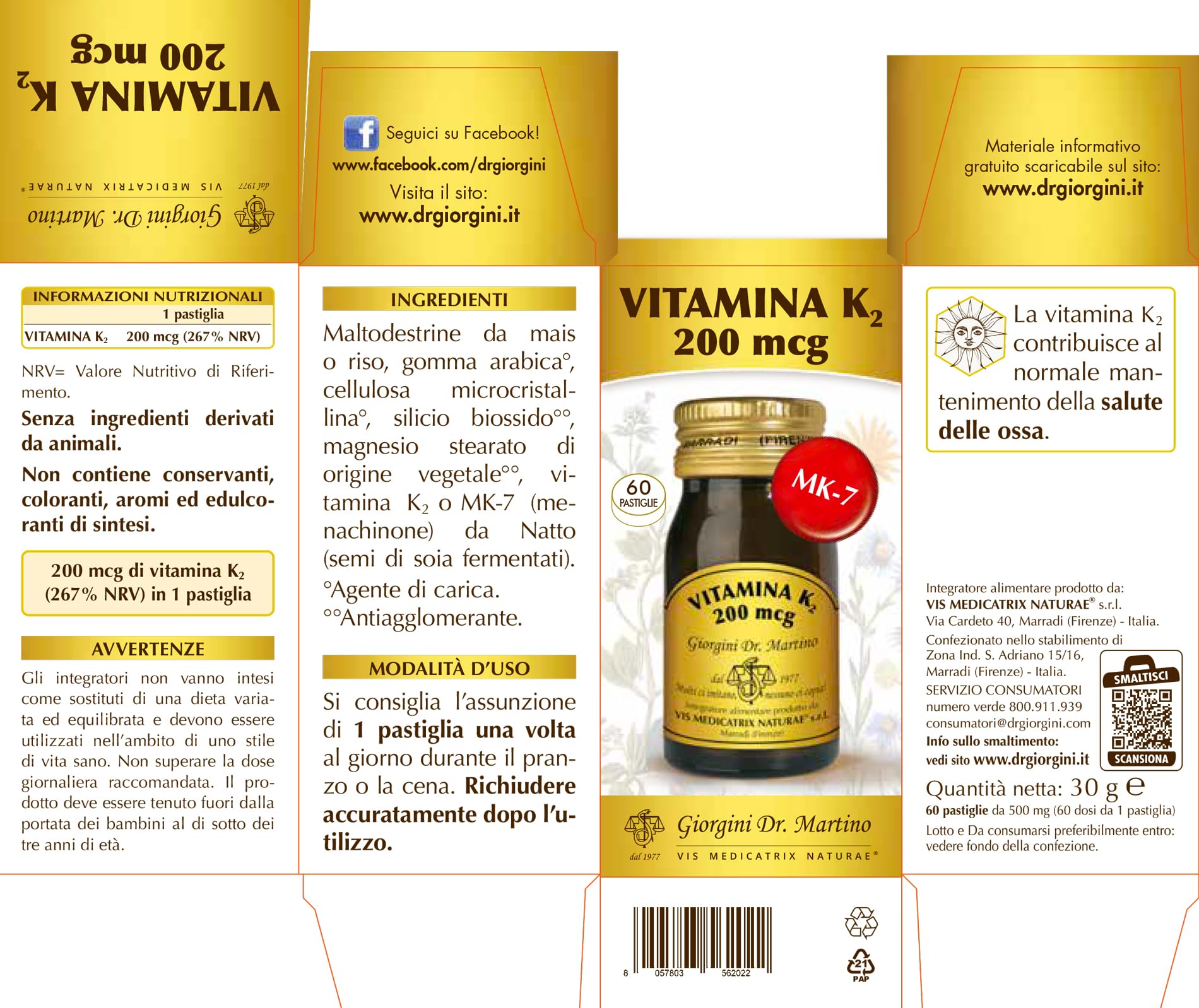 VITAMINA K2 200 mcg Pastiglie - 30 g (integratore di MK7. DOSI per 60 giorni - 200 mcg di vitamina K2 in 1 pastiglia)