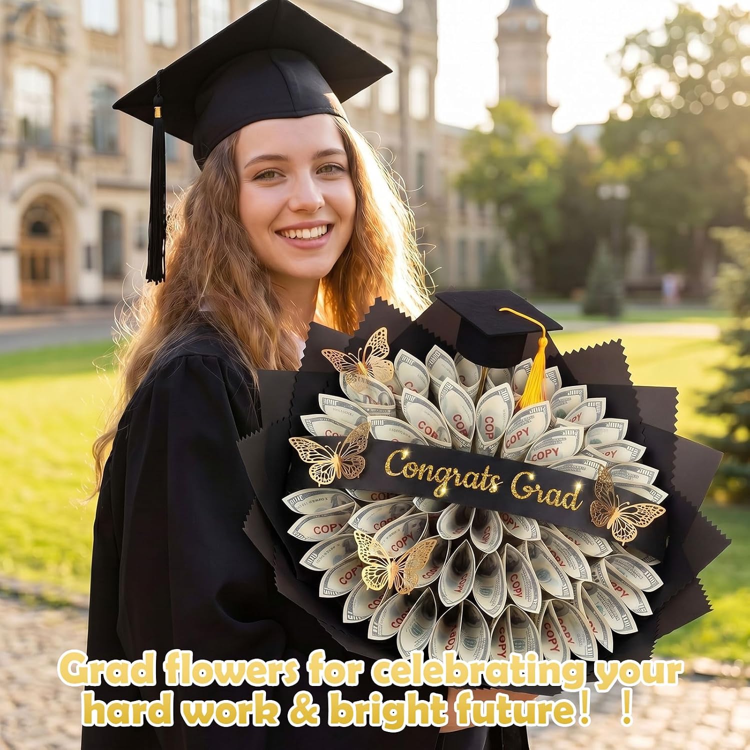 Zeyune 10 Yards Glitter Graduation Ribbon 2 Inch Class of 2026 Black Gold Ribbon Craft Congrats Grad for Flower Bouquet Gift Wrapping Hair Bow Wreath Graduation Party Decoration