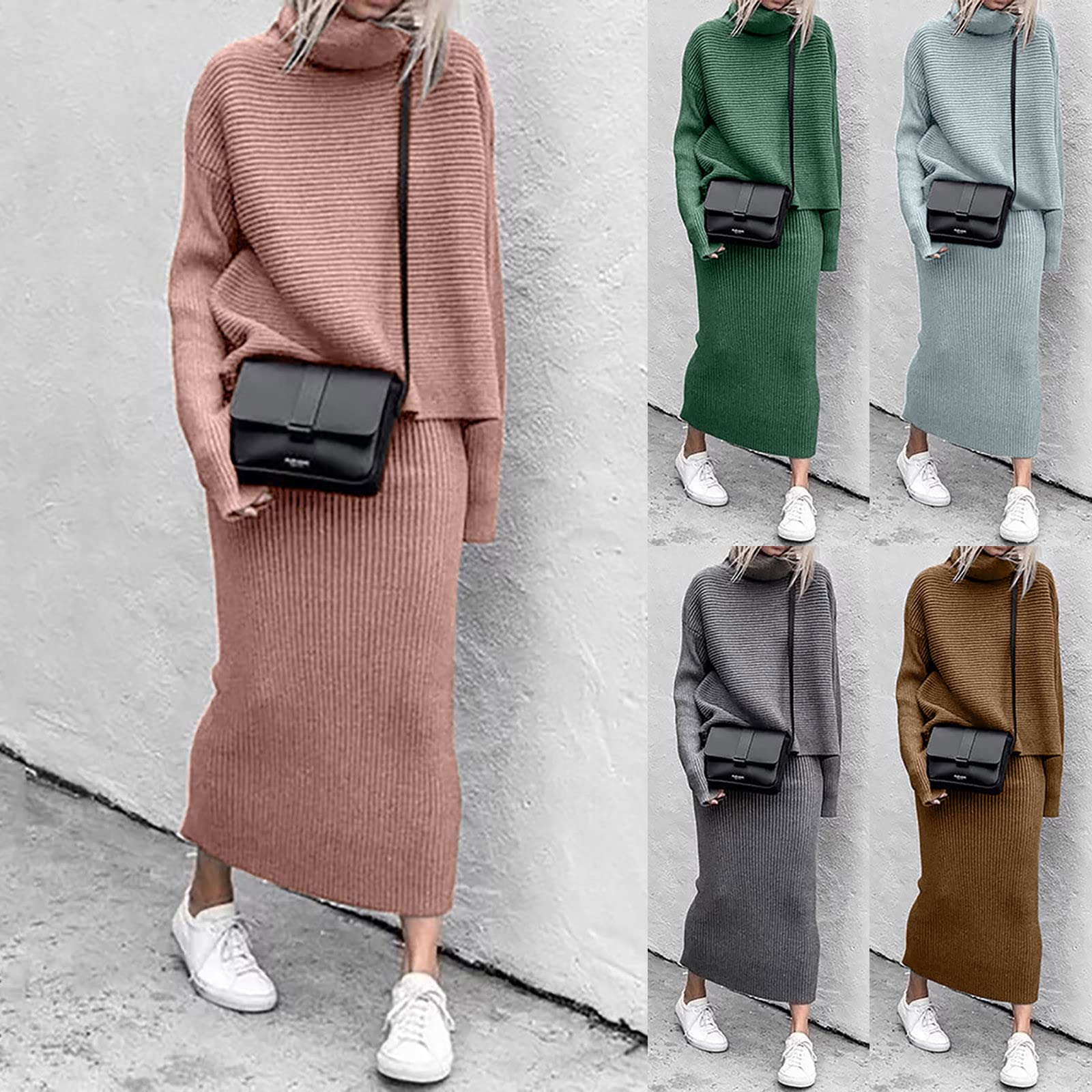 Vestido de punto para mujer, traje de dos piezas, cuello alto, suéter de jersey y falda de punto, falda lápiz, bodycon elástico, 2 unidades, otoño e invierno, elástico, bodycon minivestido