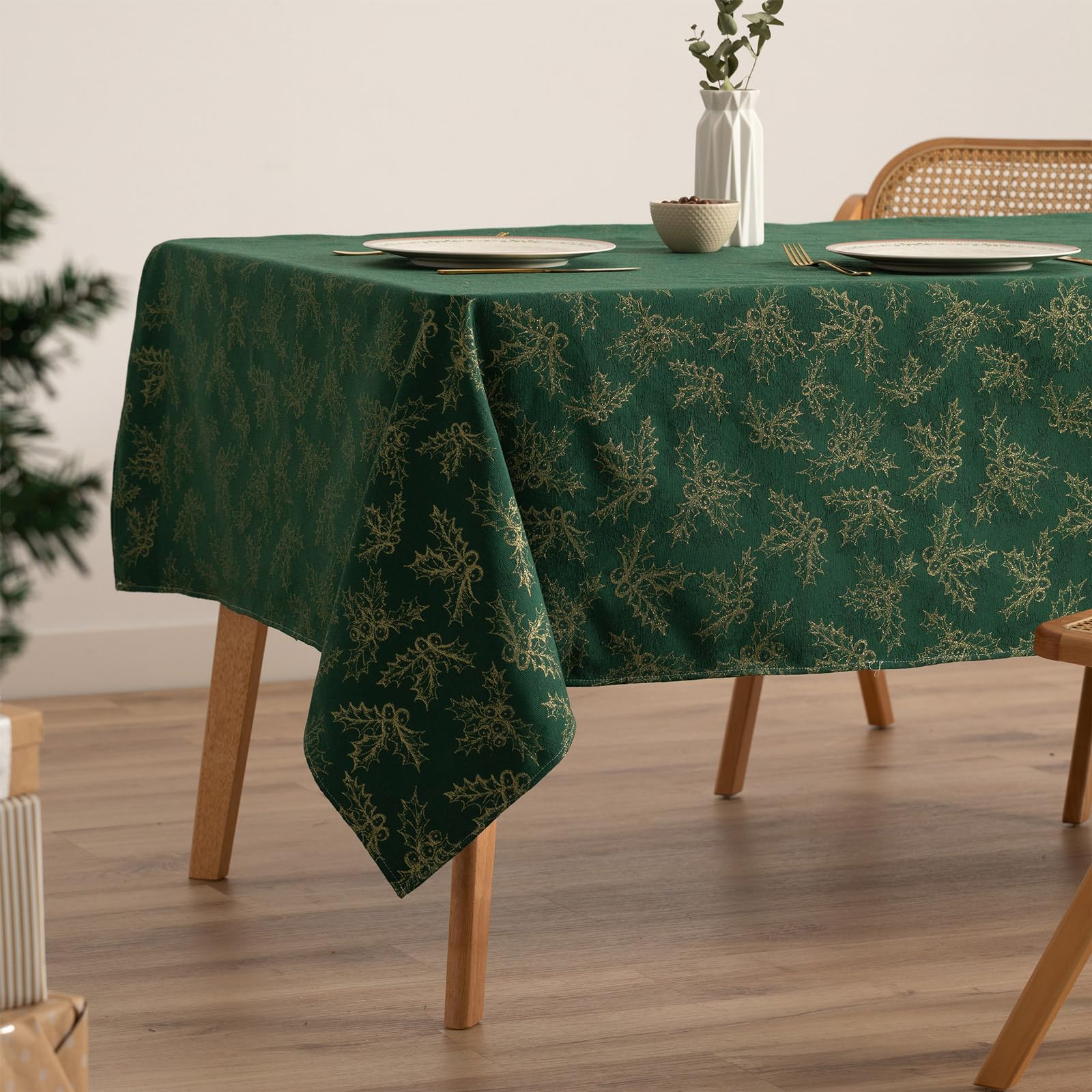 GAMUSI Tablecloth Christmas Jacquard Golden Thread Dining Table Square Christmas Decoration 140 x 300 cm, Green - Image 3