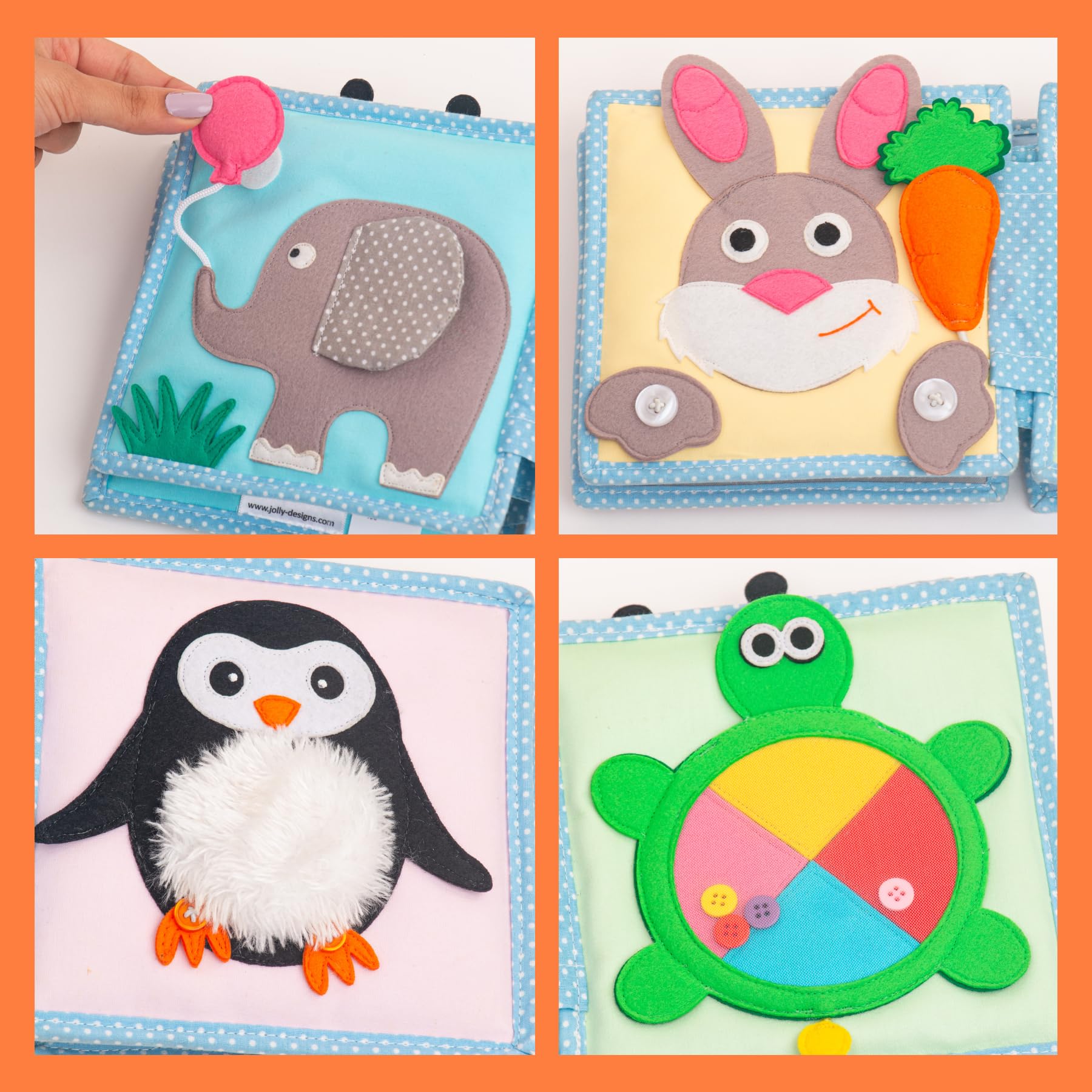 Jolly Designs – Piccola ape – Mini Quiet Book – Montessori Giocattoli a partire dai 6 mesi – Promuovere le capacità motorie e sensoriali – Libro in feltro fatto a mano – Giocattolo educativo per