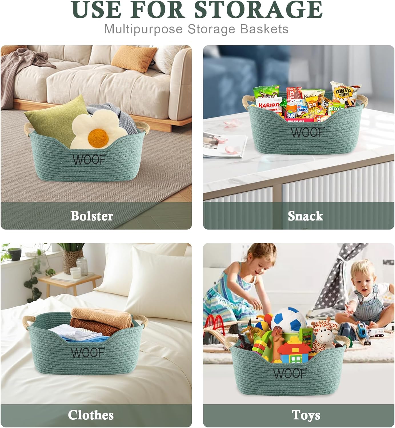 2 Pack Dog Toy Baskets,Pet Rope Basket for Dog Cat Toys,Dog Toy Bin with Handles,Woof Puppy Toy Storage Basket,Puppy Bed,Dog Stuff Organizer for Toys,Collar,Leash,Nursing Supplies-Green