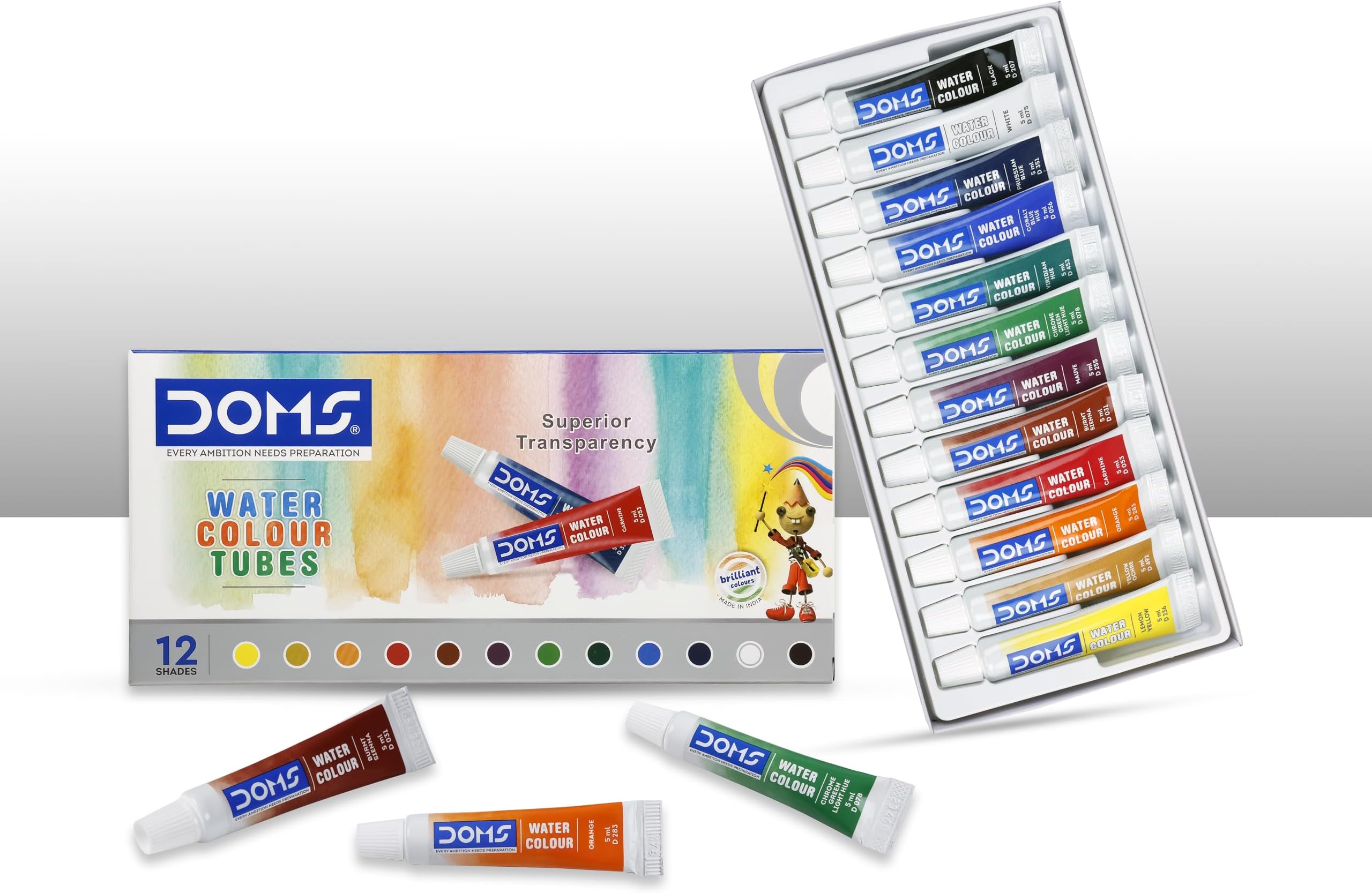 Doms Non-Toxic Water Colour Tube Set in Cardboard Box (12 Assorted Shades, 1 Paint Brush & 1 Palette)