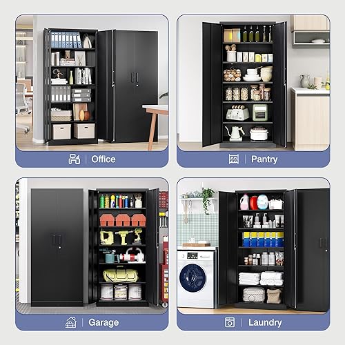 Miniatura 9 de Gabinete de almacenamiento de metal para garaje, armario alto negro con puertas y estantes ajustables, armario de herramientas con cerradura para