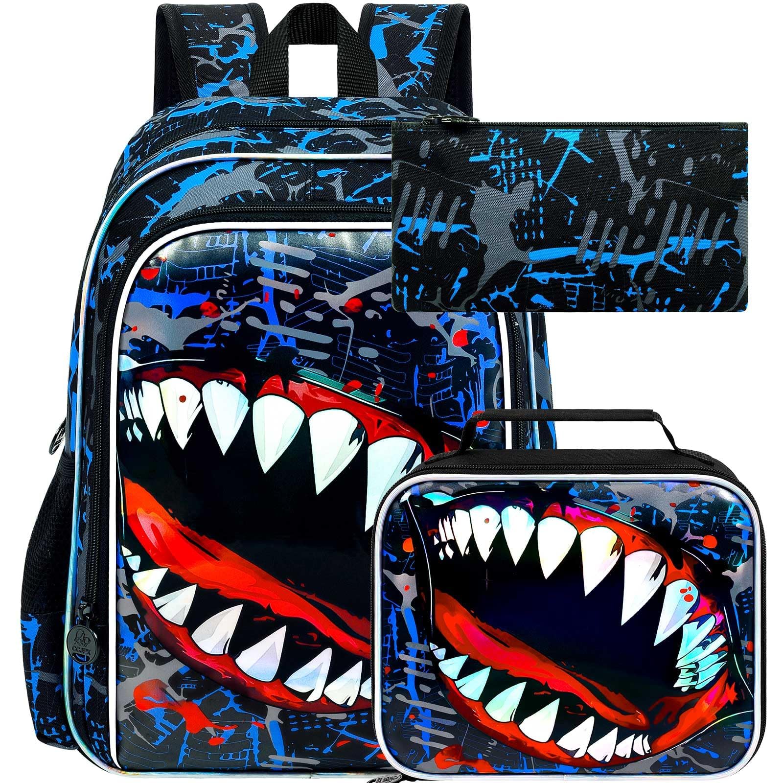 3Pcs Shark Backpack for Boys, 17" Kids Bookbag for Elementary Preschool Kindergarten, School Backpacks with Lunch Box (Blue)