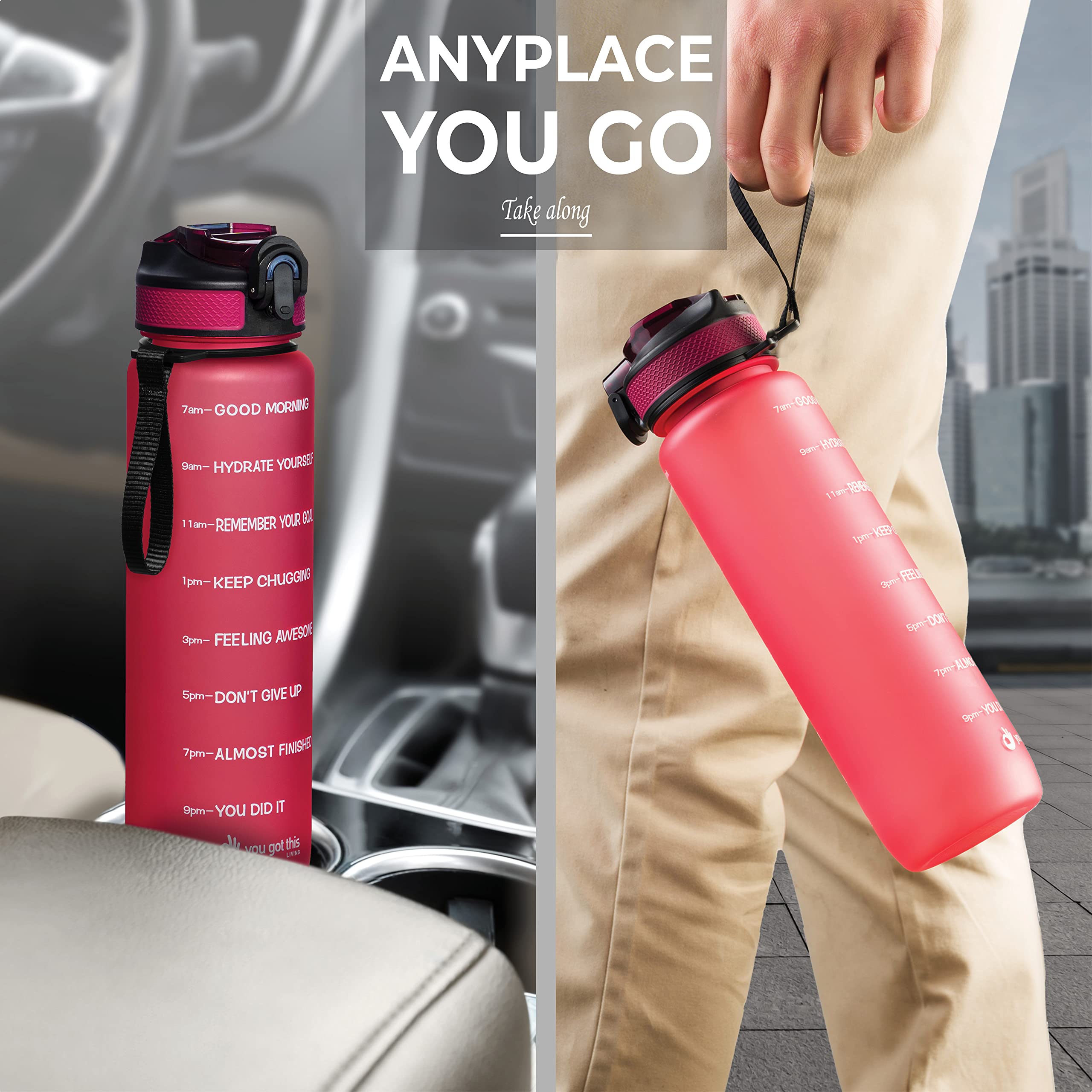 Motivierende Wasserflasche mit Zeitmarkierung, 900 ml, Sport-Wasserflasche mit Auslauf, auslaufsicher, BPA-frei