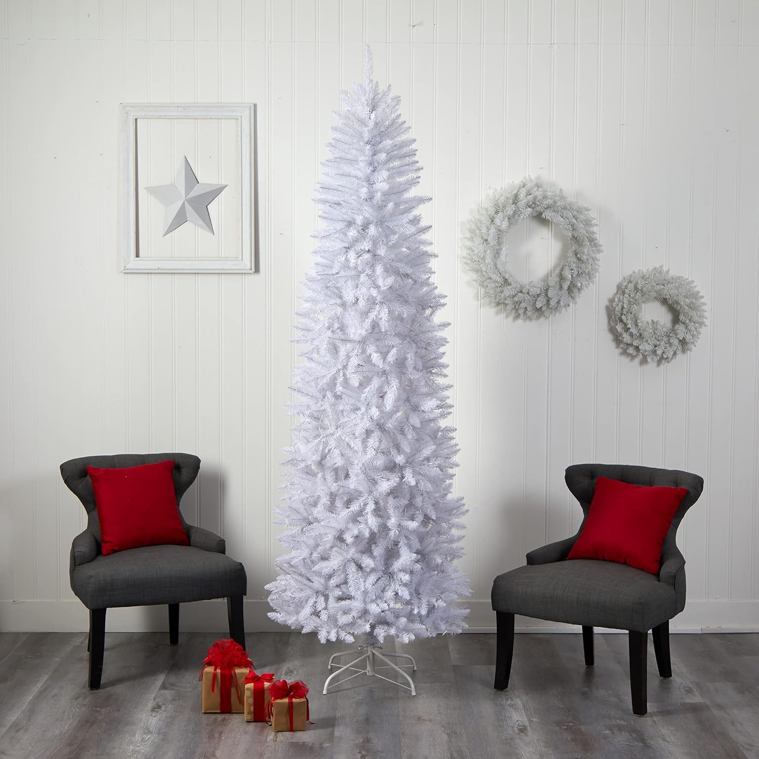 Nearly Natural 8ft. Slim White Artificial Christmas Tree with 400 Warm White LED Lights and 1348 Bendable Branches